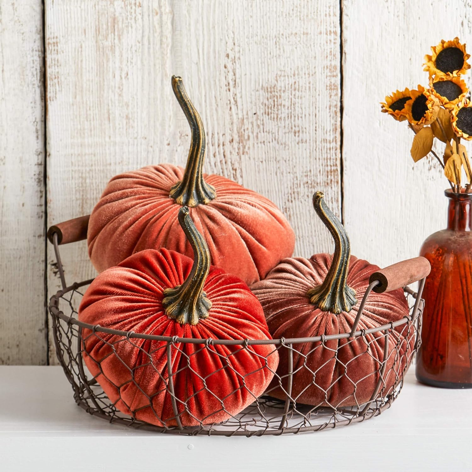 Set of 3 Velvet Pumpkins with Basket