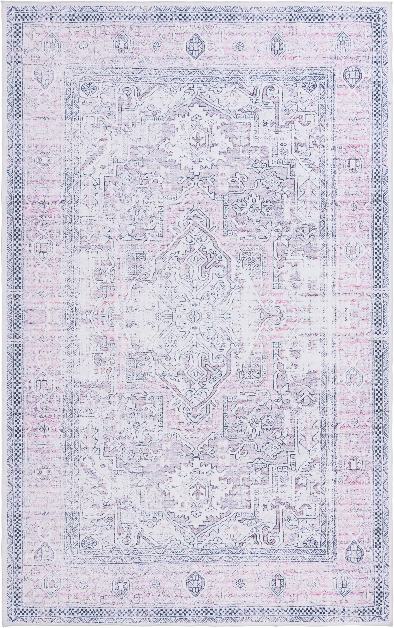 Distressed Rug Ideal for High Traffic Areas - Machine Washable and Non Slip - Arizona Collection, Short Pile, in Pink and Beige, 91 X 152 cm