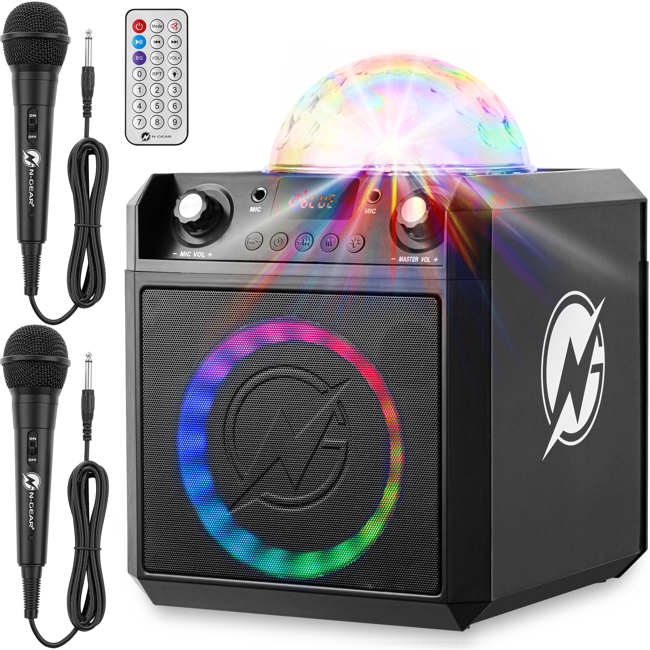 N-Gear The Block Party 602 XL Altavoz Bluetooth Potente 300W con Bola de Discoteca RGB y 2 Micrófonos de Cable Sistema de Sonido Portátil TWS Batería 6 Horas para Karaoke Fiestas - Gris