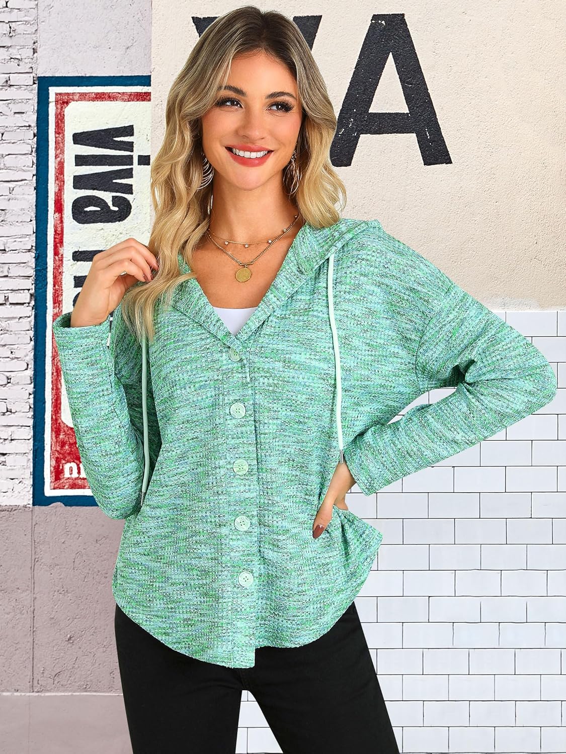 ZXZY Waffle Knit Tops for Women Casual Long Sleeve Button Hooded Sweatshirts Hoodies - Image 3