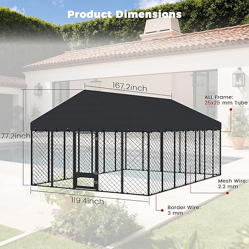 Miniatura 6 de Perrera de Servicio Pesado de 10 x 14 x 6.4 pies para exteriores con doble cerradura segura y cubierta de techo impermeable y resistente a los rayos