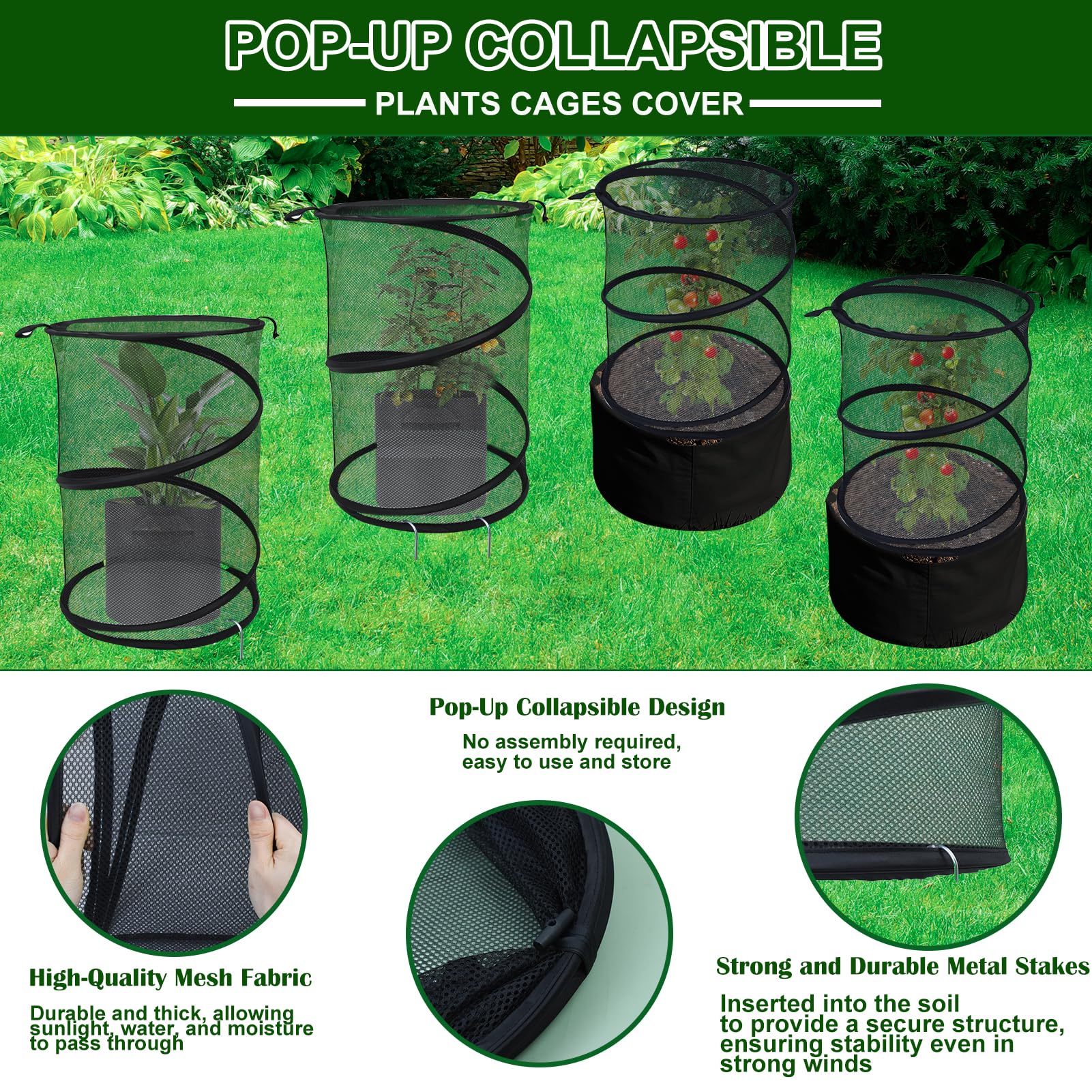 Lot de 4 cloches de jardin pop-up pour plantes, 50,8 x 33 cm (H x P) - Cloches de protection pour plantes d'extérieur - Cloche de protection pour plantes d'extérieur - Cloche de poulet noire -