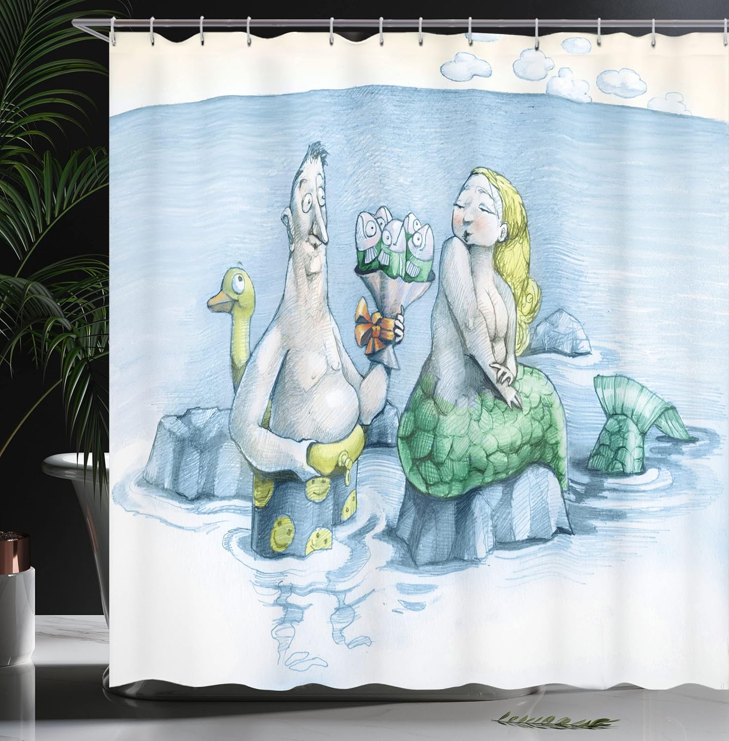 Ambesonne Underwater Shower Curtain, Funny Man Gives a Mischievous Mermaid a Bouquet of Flowers Made from Fish, Cloth Fabric Bathroom Decor Set with Hooks, 69" W x 70" L, Yellow Green
