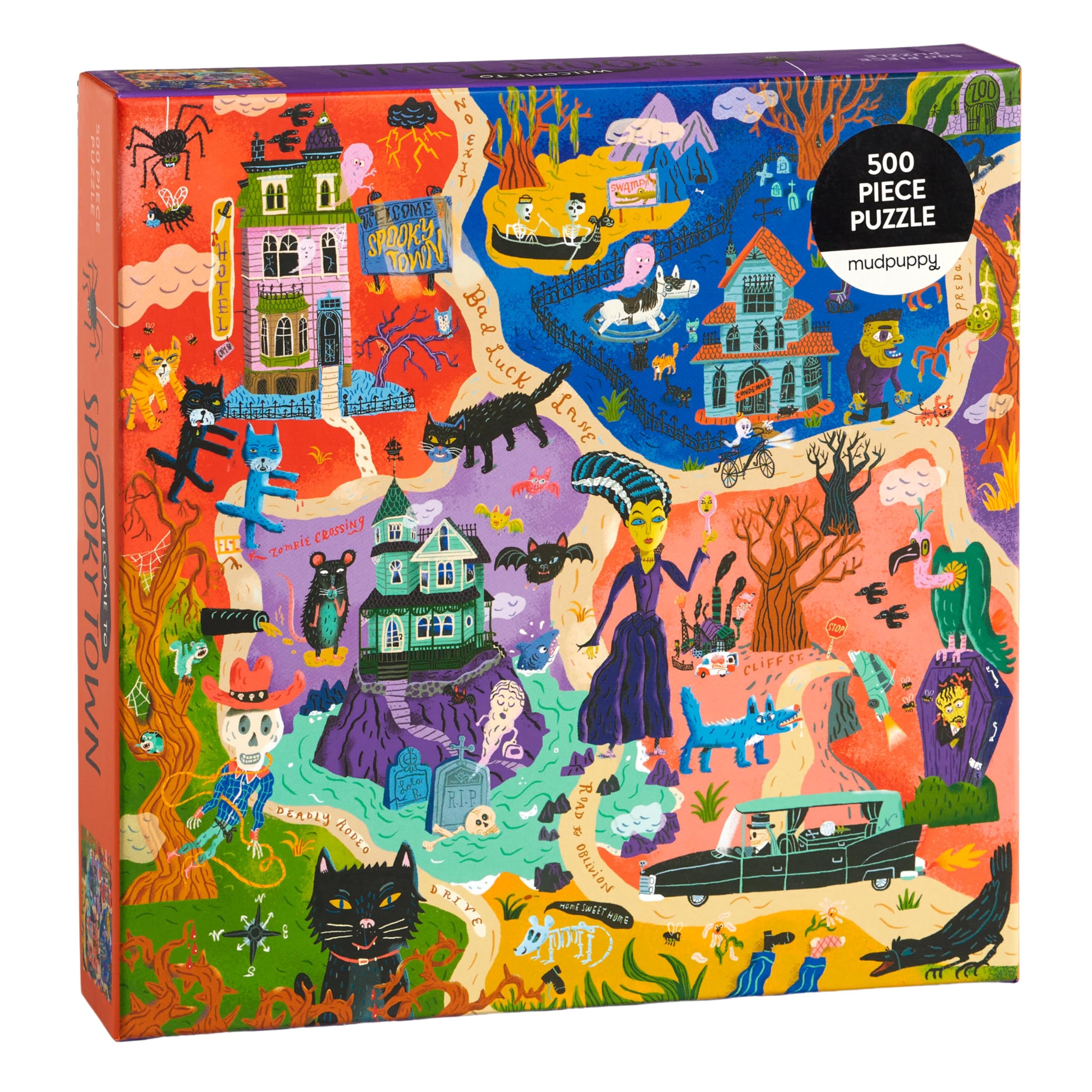 Mudpuppy Welcome to Spooky Town - 500 Piece Family Jigsaw Puzzle Featuring Bold and Spooky Illustrations of A Haunted Town Filled with Goblins Ghouls and Monsters