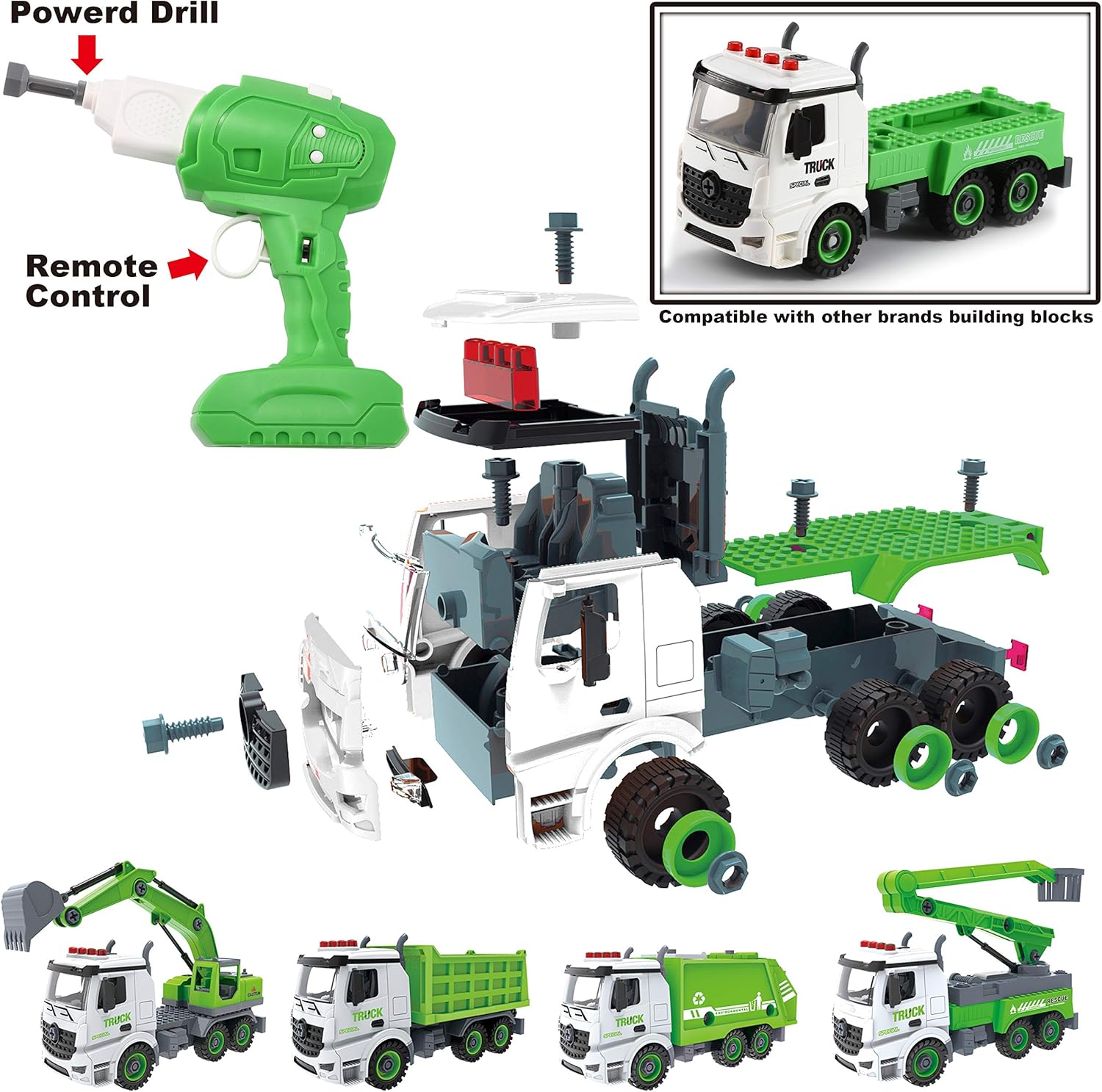 4-in-1 Take Apart Toys with Electric Drill Converts to Remote Control Car Garbage Trucks Waste Management Recycling Truck Toy for Boys: Toys & Games