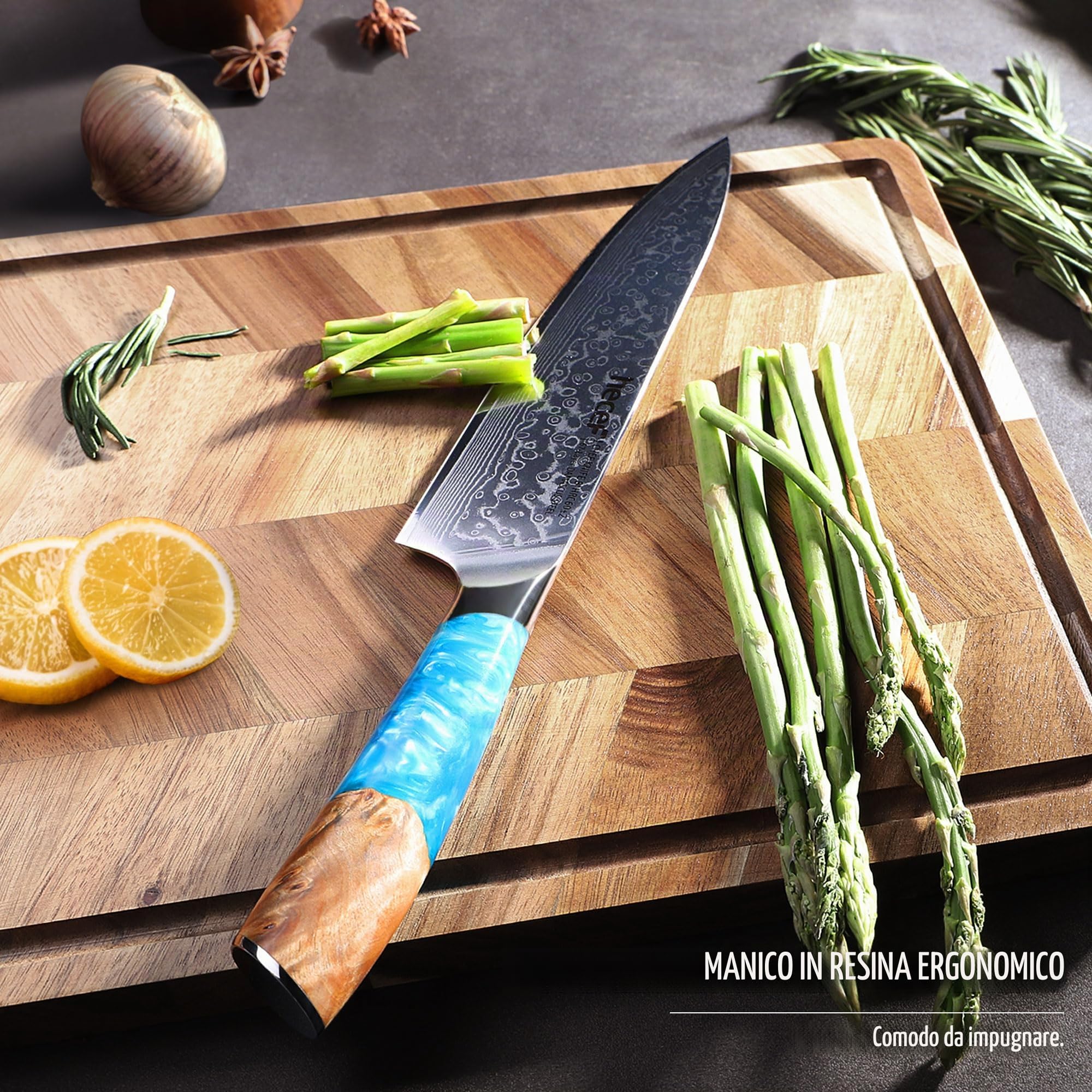 hecef Coltello Giapponese, 20 cm Coltello da Cucina Professionale con Manico Ergonomico in Resina, 67 Strati VG10 Coltello Damasco, Coltello Chef con Fodero Protettivo Della Lama