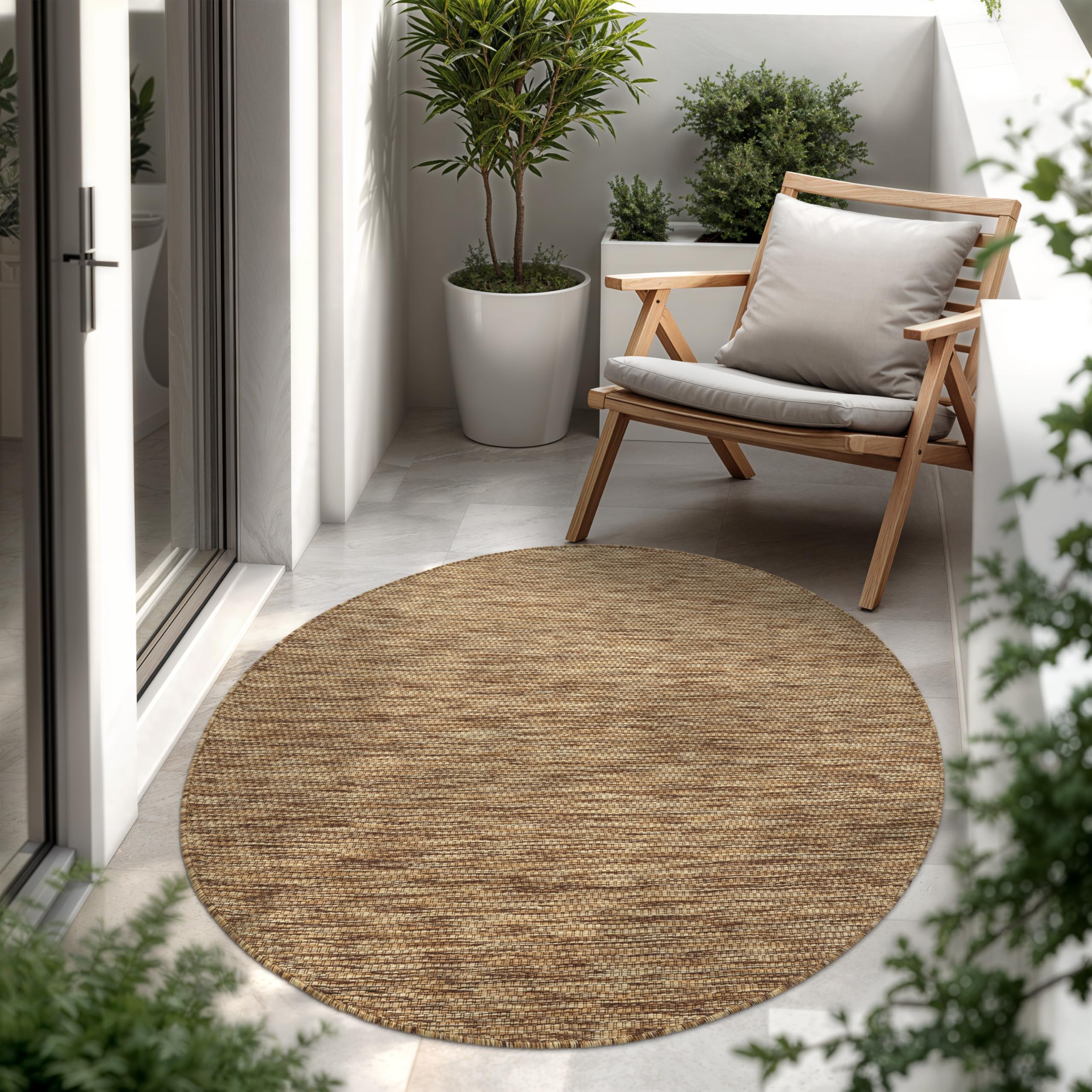 Paco Home Tapis Intérieur Et Extérieur Balcon Terrasse Tapis Cuisine Monochrome Moucheté, Dimension:200 cm Rond, Couleur:Café