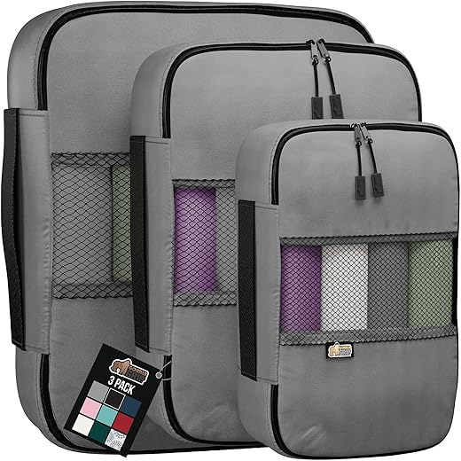 Gorilla Grip 3 Piece Packing Cubes Set, Compression Space Saving Organizers for Suitcases and Luggage, Mesh Window Bags, Travel Essentials for Carry On, Clothes and Shoes, Cube with Zipper, Gray
