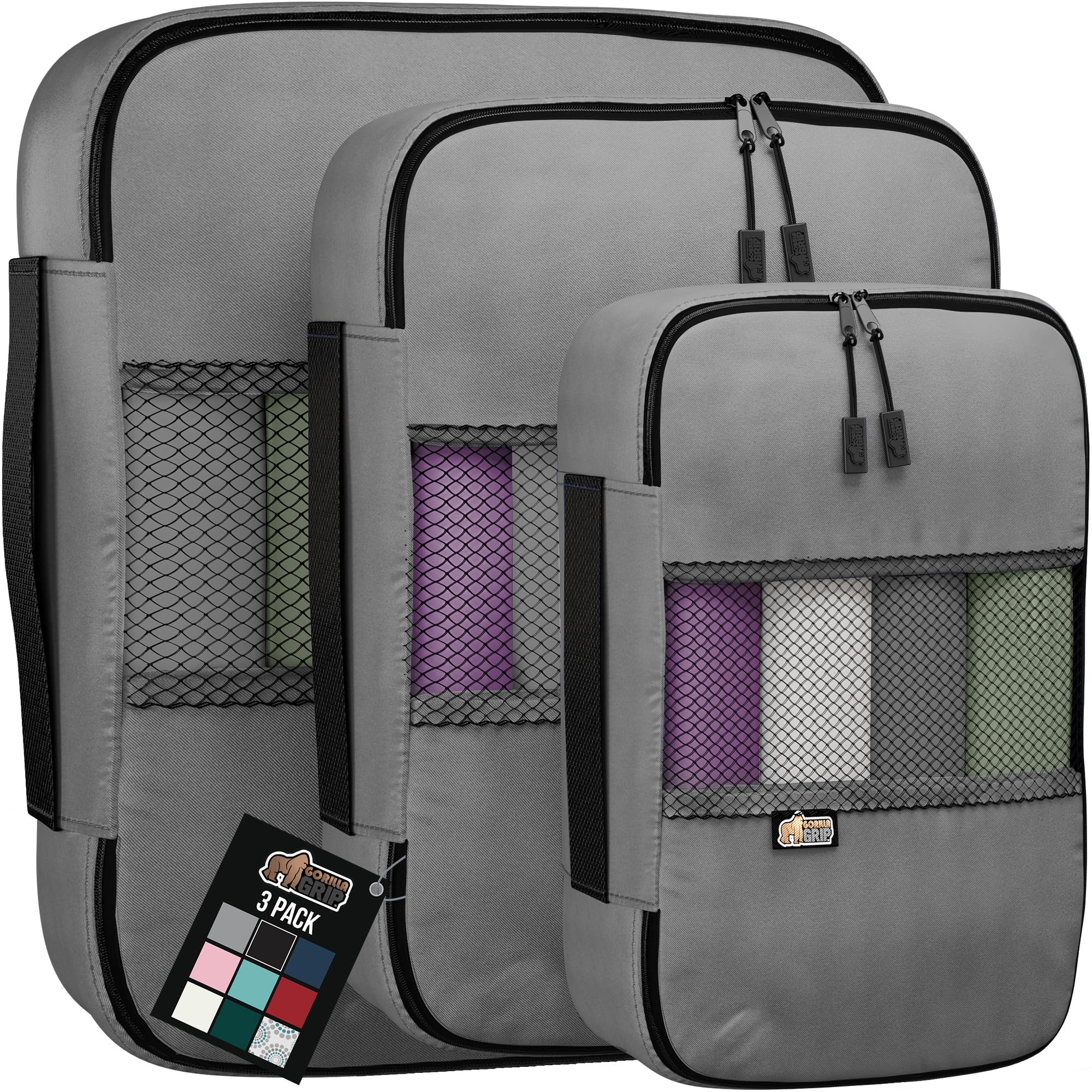 GORILLA GRIP Packing Cubes, Travel Essentials for Suitcase, Mesh Organizer Bags for Clothes Toiletries Shoes and Laundry, Luggage and Carry On Airplane Accessories, Traveling Must Haves, 3 Set Gray