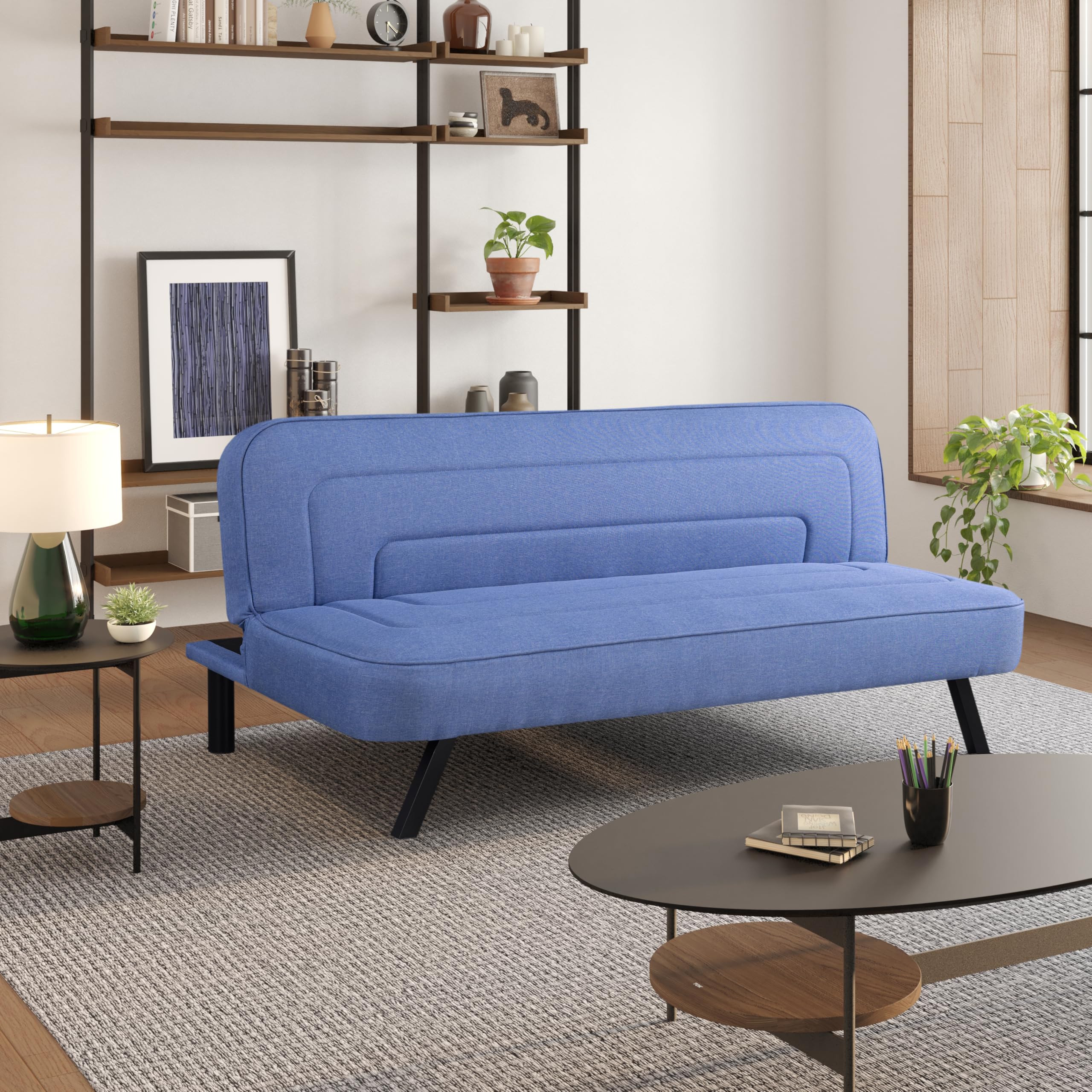 Serta Fairwood 66.1" Convertible Futon Sofa, Short Twin Size, Modern Boho, Dream Coil Comfort, Fingerguard Pinch Point Protection, Soft Woven Polyester Fabric, Blue