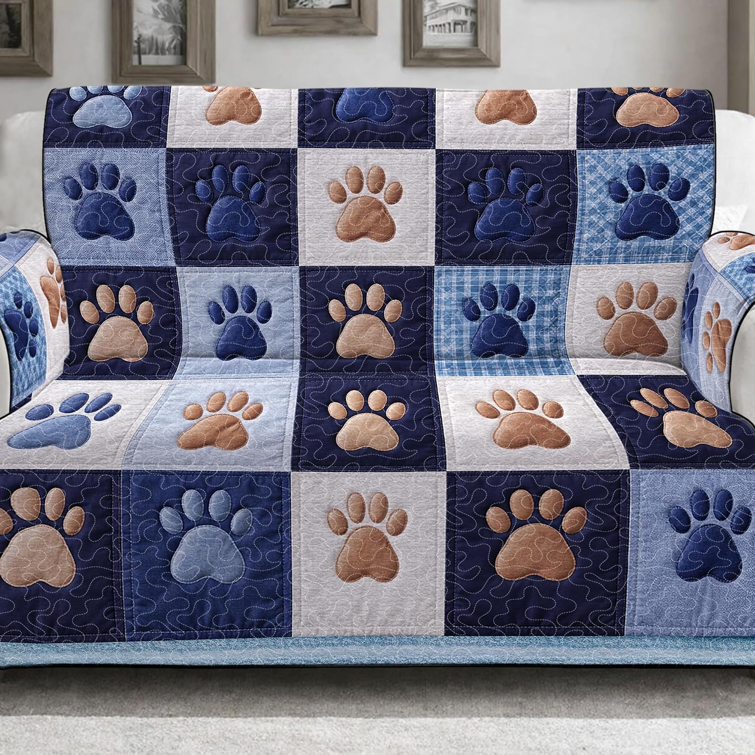 Colorful Paw Print Sofa Cover, Floral Patchwork Dog & Cat Couch Cover, Non-Slip L-Shaped Furniture Protector, Washable Pet Sofa Slipcover for Living Room, Chair & Loveseat (ST06)
