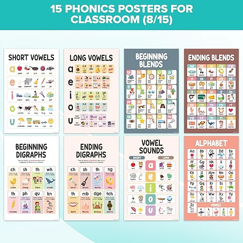 Miniatura 9 de Decorably 15 pósteres de fonética boho arcoíris para aula, 11 x 17 pulgadas, laminado mate, educativo, bohemio, sonido, decoración fonética para aula