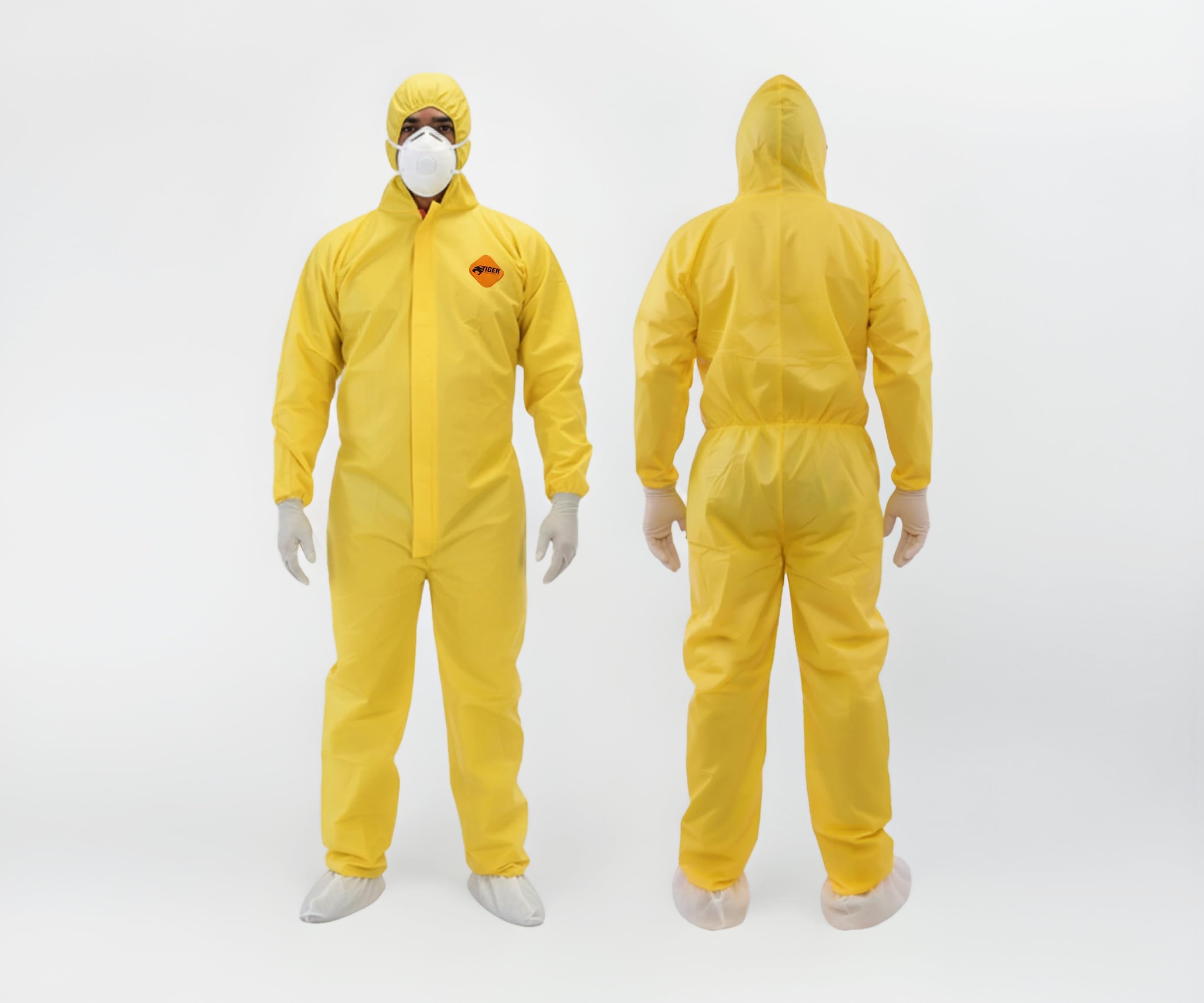 Tiger Tough Chemical Protection Coveralls - Hazmat Suits with Hood & Zipper โ Durable Yellow Chemical Suit for Industrial Use