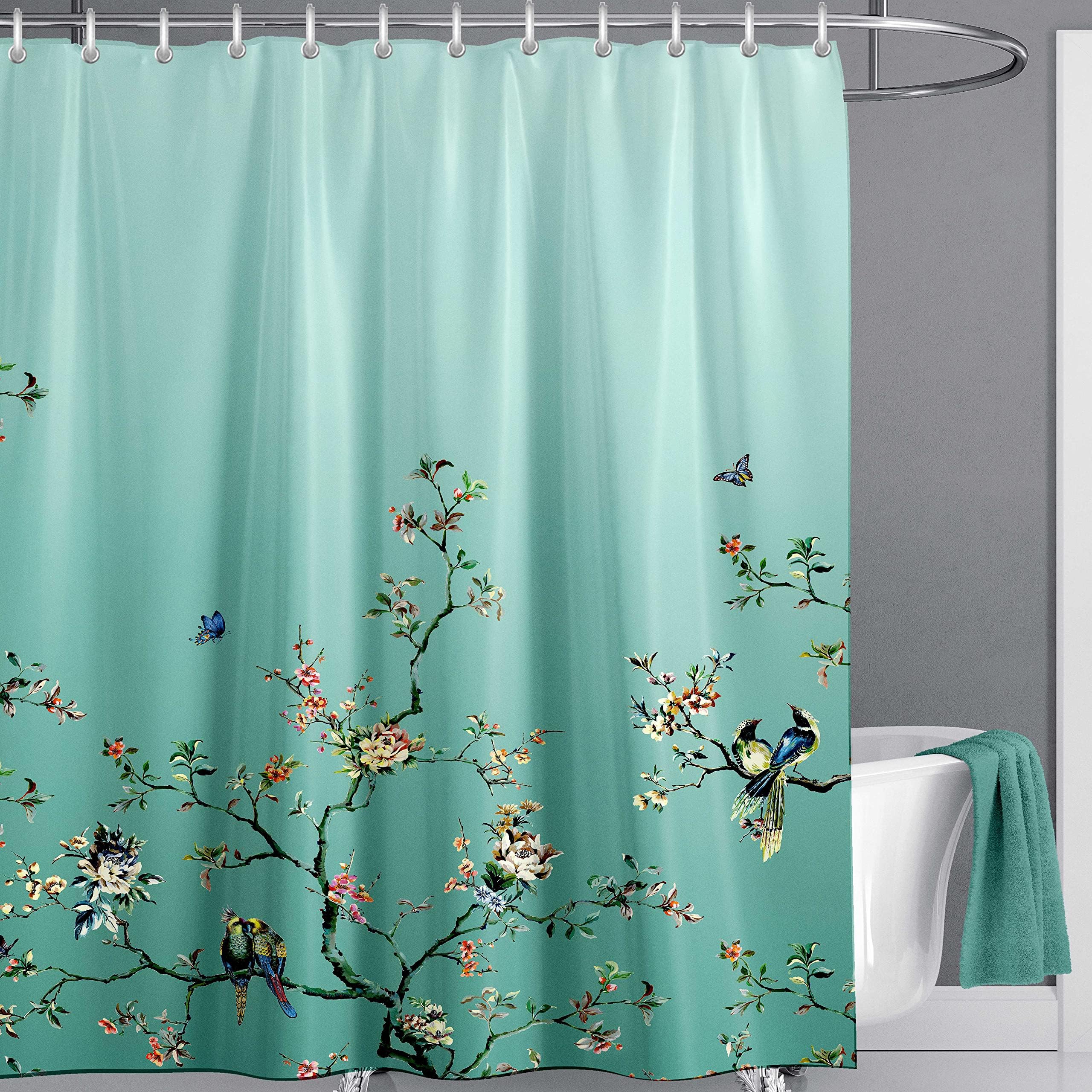 LIVETTY Green Bird Floral Shower Curtain 180cm ร 180cm Mould Proof Butterfly Fabric Bathroom curtain For Women & Men With 12 Hooks Washable Quick-Drying Curtains