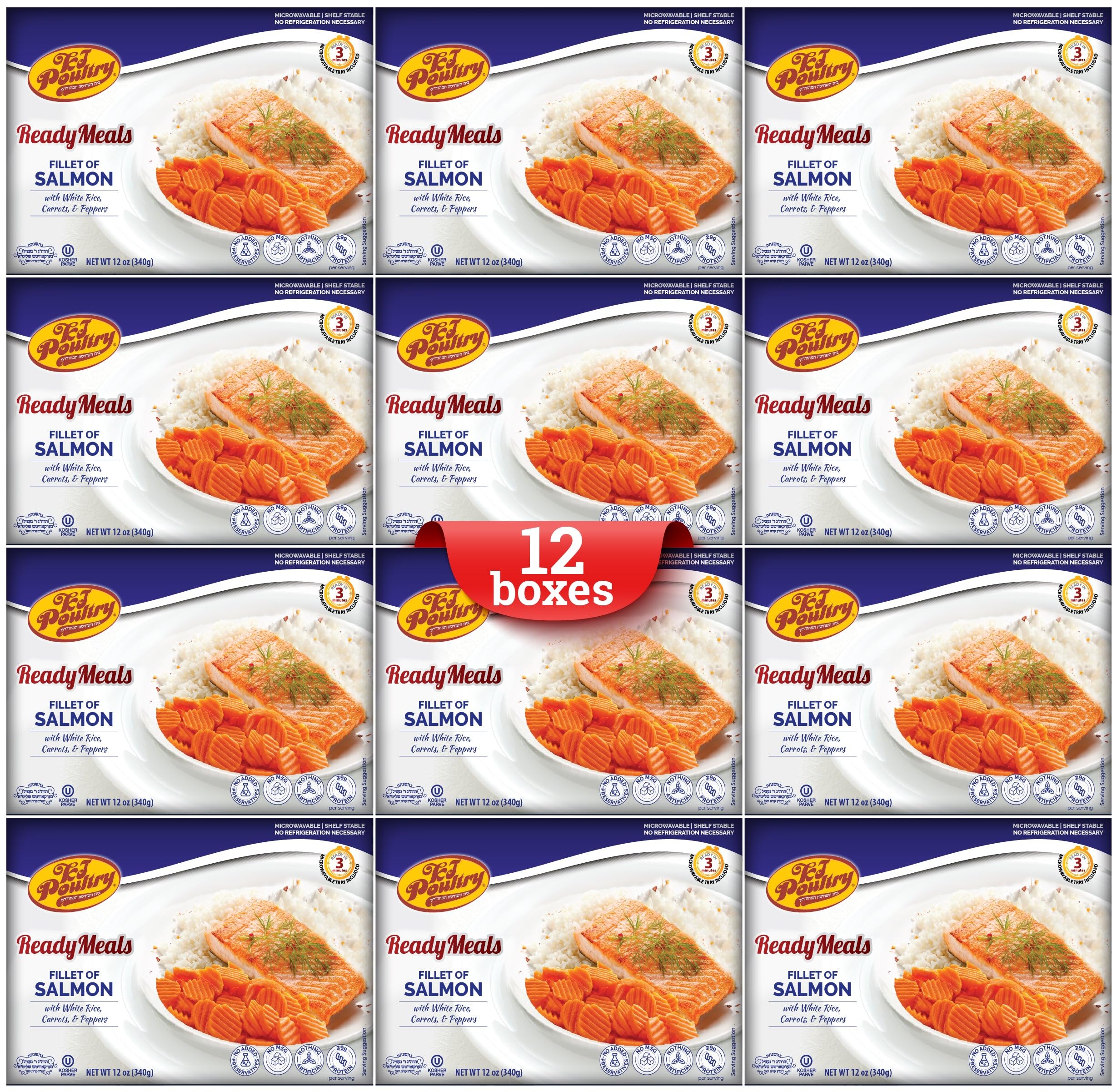 Kosher Salmon Fillet Fish, Parve MRE Meal Ready to Eat, Protein Food (12 Pack) Prepared Entree Fully Cooked, Shelf Stable Microwave Dinner - Travel Military Camping, Emergency Survival Prepping Supply