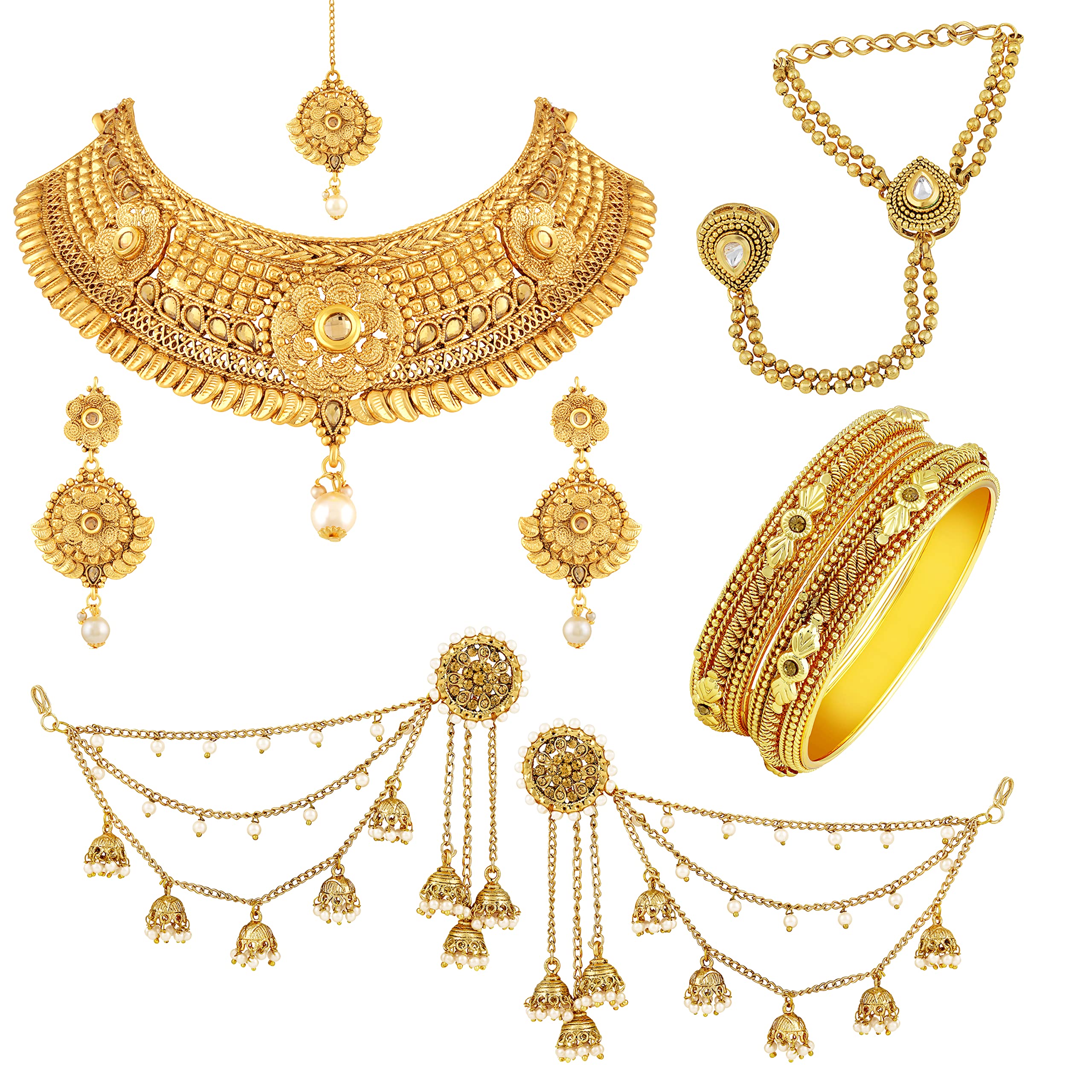 Asmitta Ethnic Gold toned Jewellery Neckalace Sets with Mangtikka Hathphool Bangle & Earring Combo For Women & Girls |Anniversary Jewellery Gift for Wife | Birthday gift for wife, girlfriend, mom