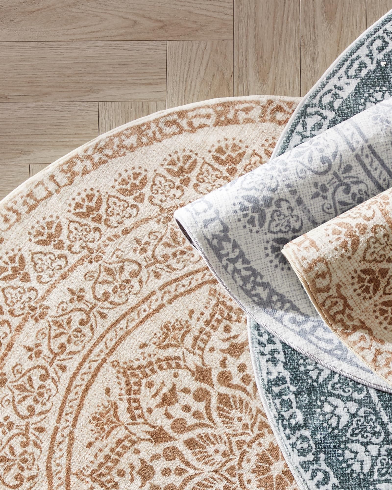 SONGMICS HOME Alfombra, Diámetro de 120 cm, Alfombra Redonda Antideslizante, Decoración del Hogar, para Salón, Dormitorio, Lavable a Máquina, Estilo Boho, Beige Capuchino TAR051K01