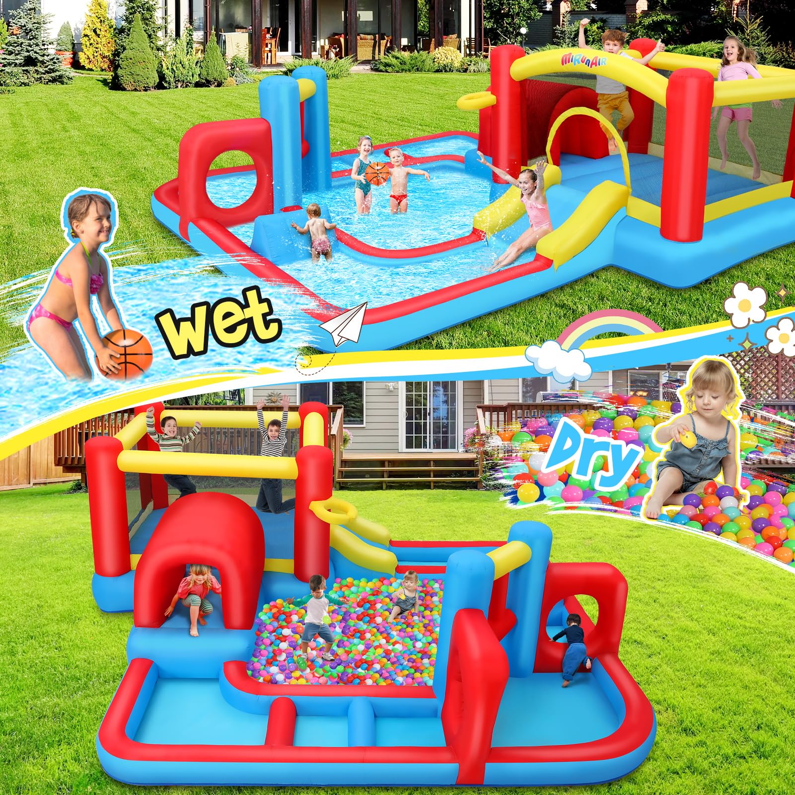 Inflatable Water Slide Bounce House, 14.3x14.3FT Maze Waterpark Obstacle Course w/Jump Area, Splash Pool, Obstacle, Slide, Punching Bag, Basketball Hoop & Tunnel for Kids Backyard Indoor Outdoor