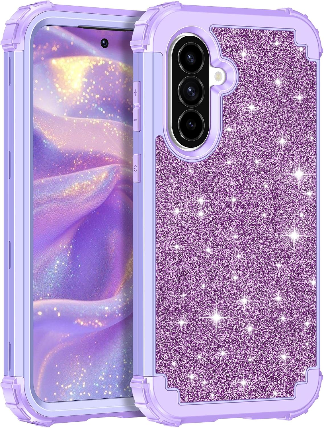 LONTECT for Galaxy A57 5G Case Glitter Sparkly Bling 3 in 1 Shockproof Heavy Duty Hybrid Sturdy High Impact Protective Cover Case for Samsung Galaxy A57,Shiny Purple