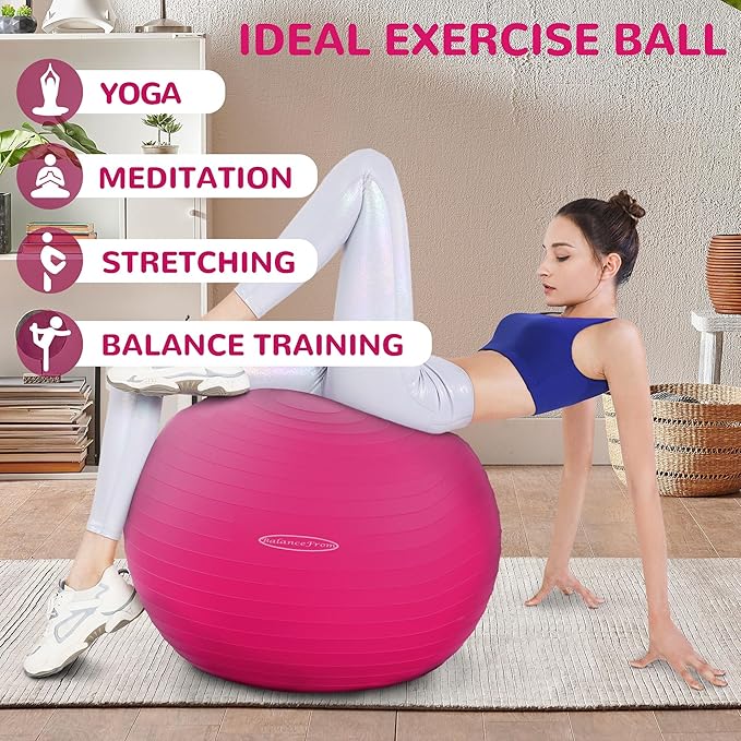 The BalanceFrom Exercise Ball is ideal for users of all fitness levels, from beginners to advanced practitioners. It’s particularly beneficial for core workouts, pregnancy exercises, and physical therapy, aiding in muscle toning and posture improvement. With its combination of durability, stability, and convenience, it serves as a versatile tool for enhancing home or gym workouts.