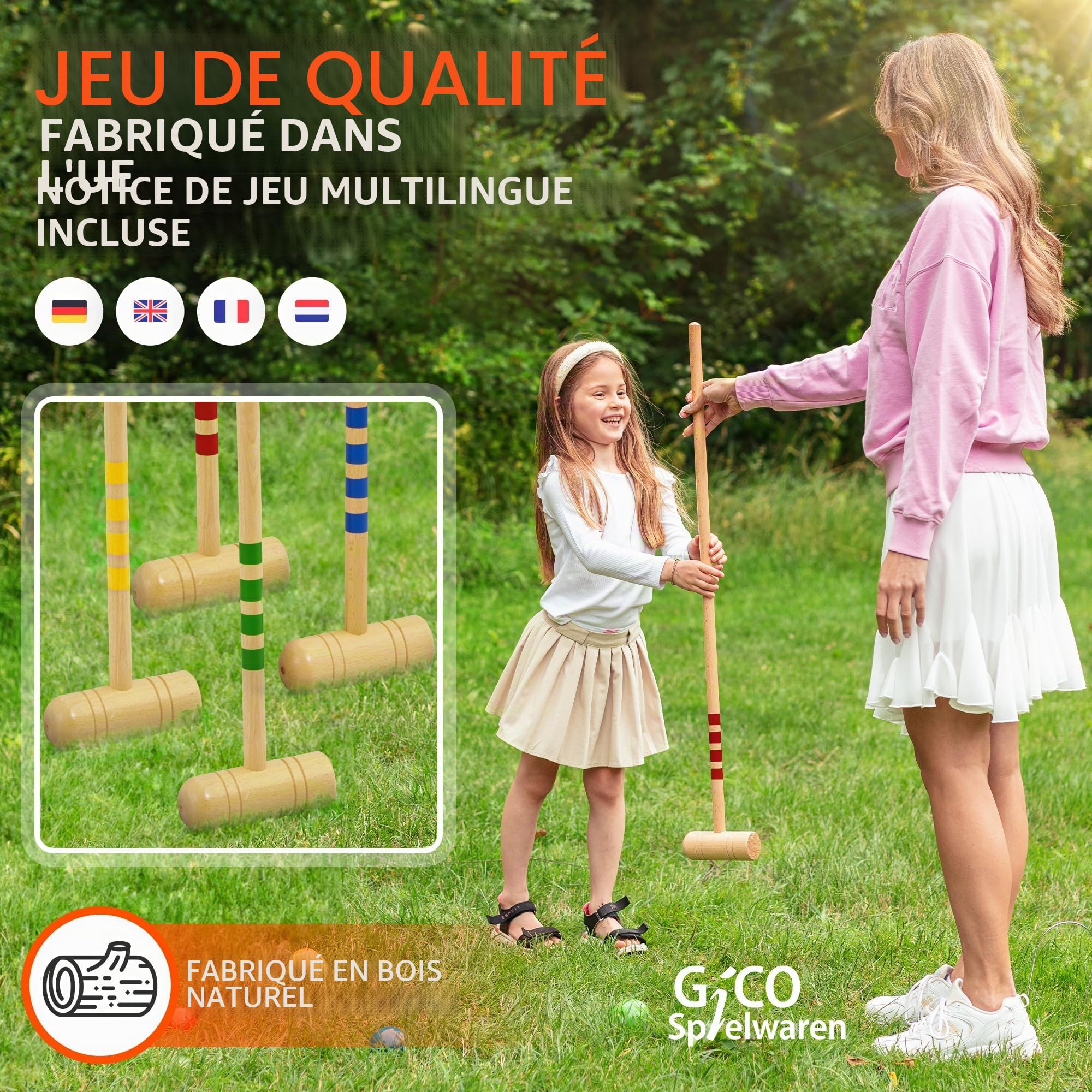 GICO Jeu de Croquet 6 Joueurs Maillets Taille Adulte 100 cm Sac de Transport