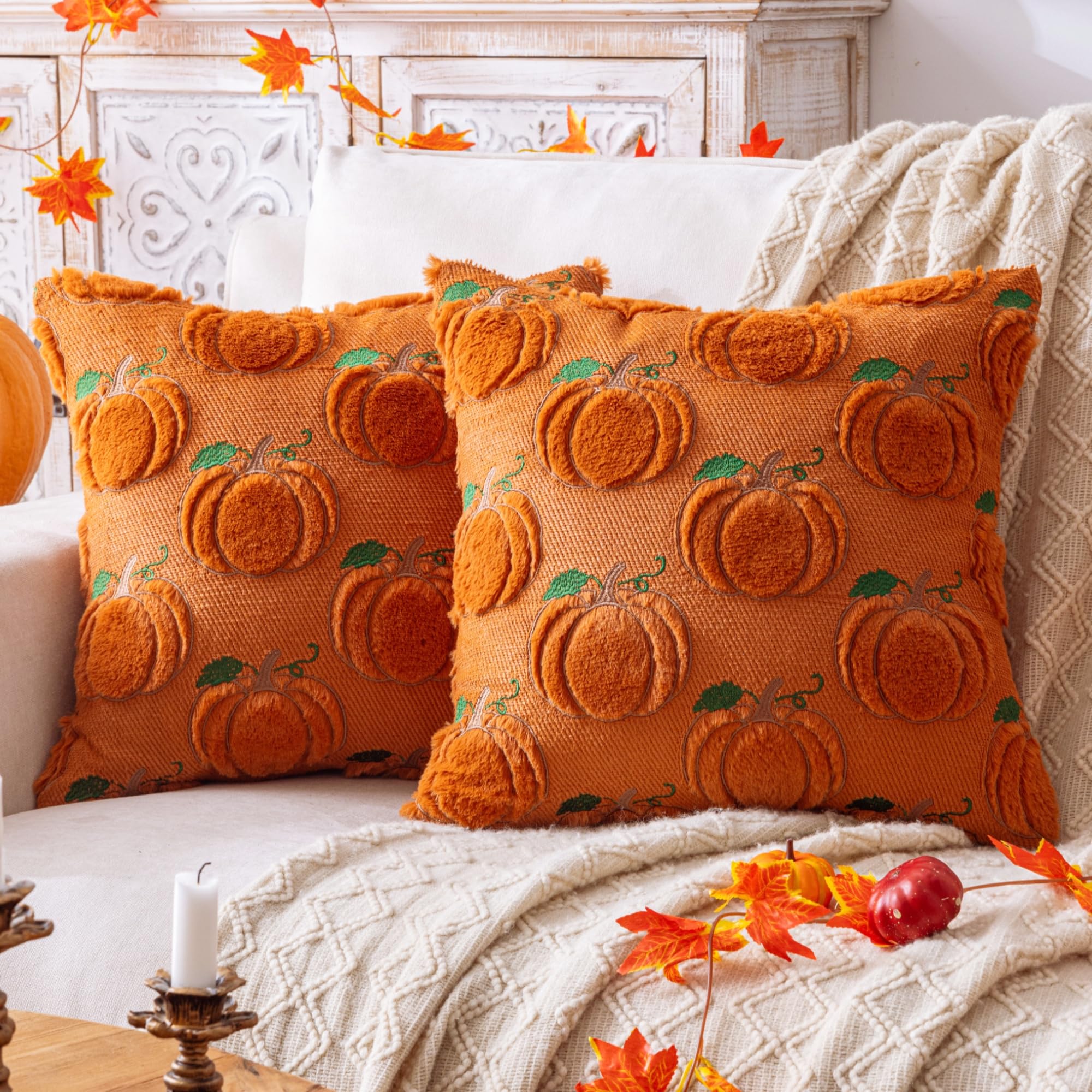 Coussin Citrouille Halloween En Peluche - Orange Et Blanc, Rembourrage Coton PP, Tailles 20 Et 28 Cm, Décor Festif