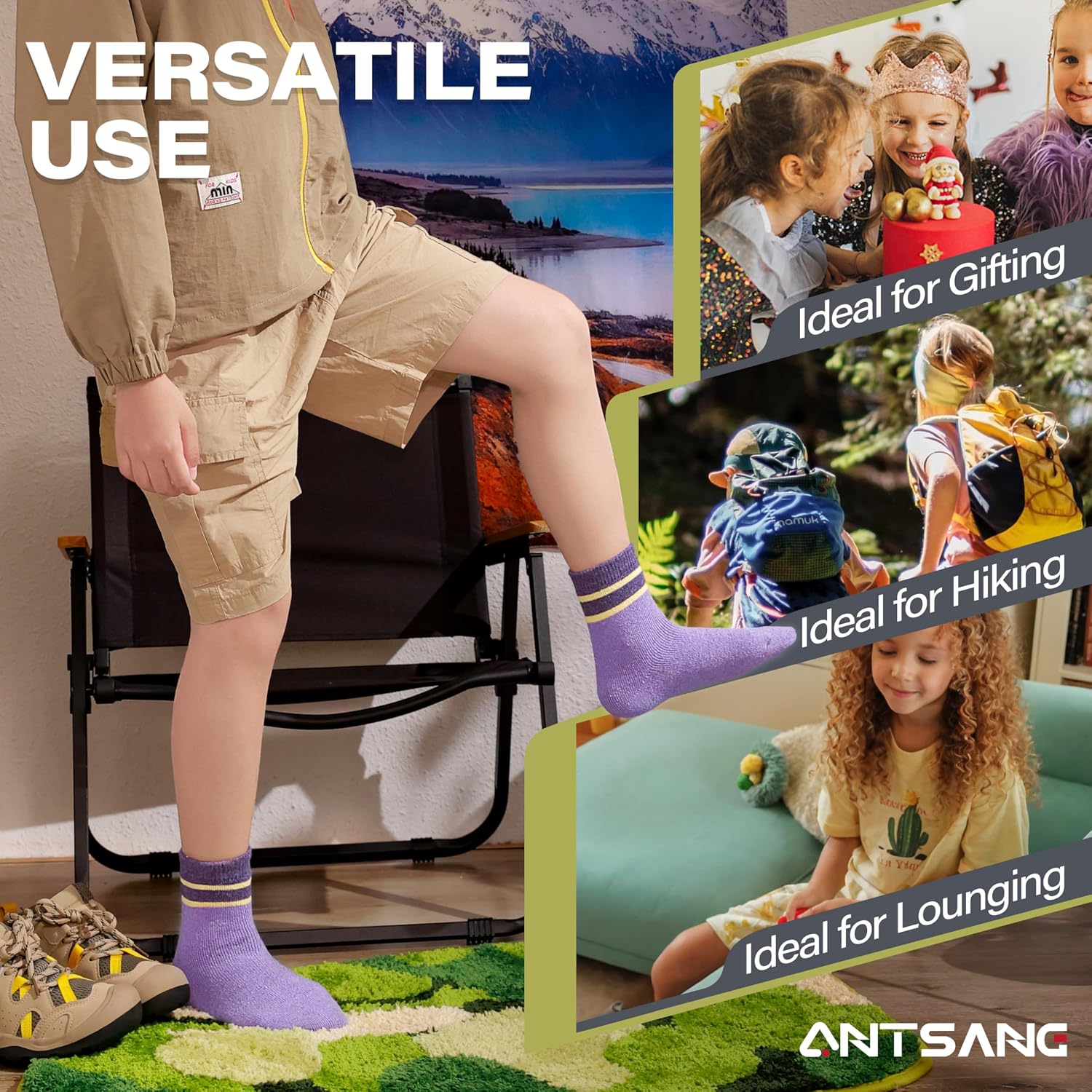 ANTSANG Kids Wool Socks, Thermal Crew Boot Socks for Toddlers Boys Girls