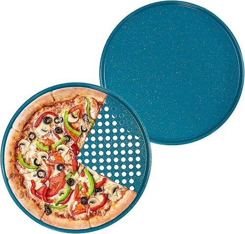 Miniatura 3 de casaWare Juego de 2 sartenes para pizza de 12 pulgadas, antiadherentes, con revestimiento de cerámica, (1) sólido, (1) perforado (granito azul)