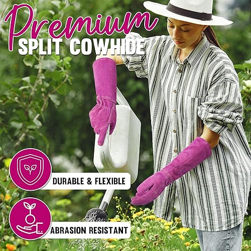 Miniatura 48 de HANDLANDY - Guantes de jardinería para poda de rosales para hombres y mujeres, guantes largos a prueba de espinas, de cuero de cerdo, transpirables