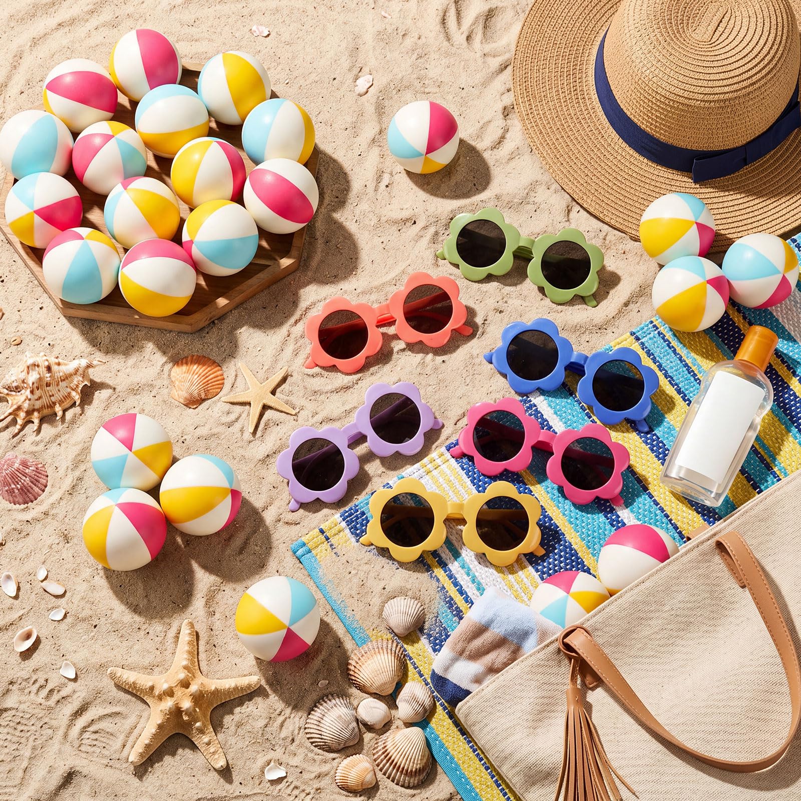 Jerify 48 palline da spiaggia antistress occhiali da sole all'ingrosso per feste estive in spiaggia bomboniere 24 mini palline da 6,3 cm in PU 24 occhiali da sole per bambini con fiori Goodie Bag