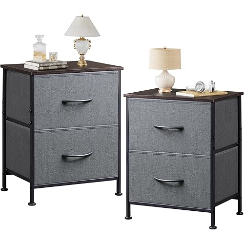 WLIVE Night Stand Set 2, Dresser and Nightstand Sets, Small Dresser for Bedroom with 2 Drawers, End Table with Fabric Bins for Closet, Bedside Furniture, College Dorm, Dark Grey