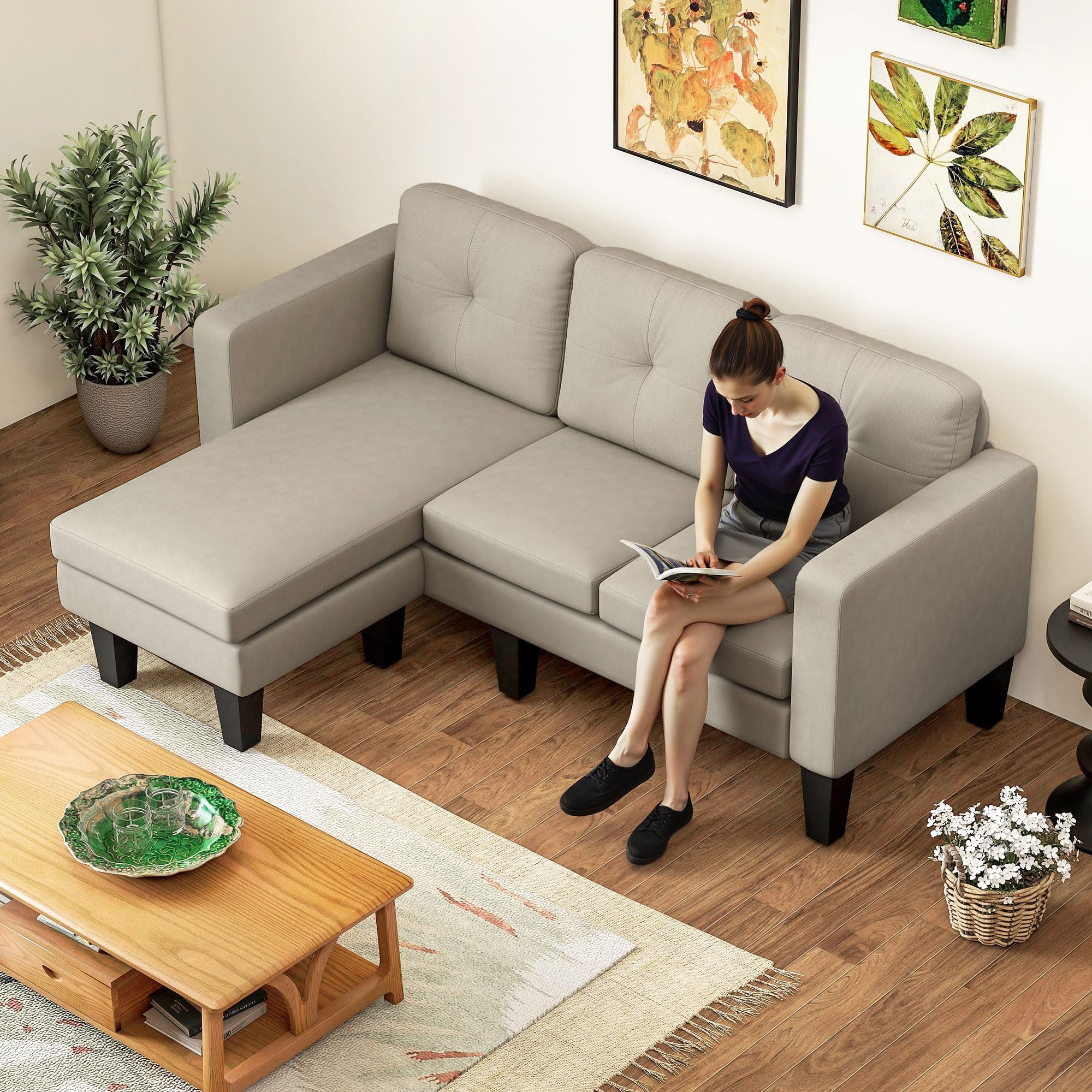 HOMCOM Divano angolare a 3 posti, reversibile a destra o sinistra, soggiorno, grande comfort, schienale imbottito, beige