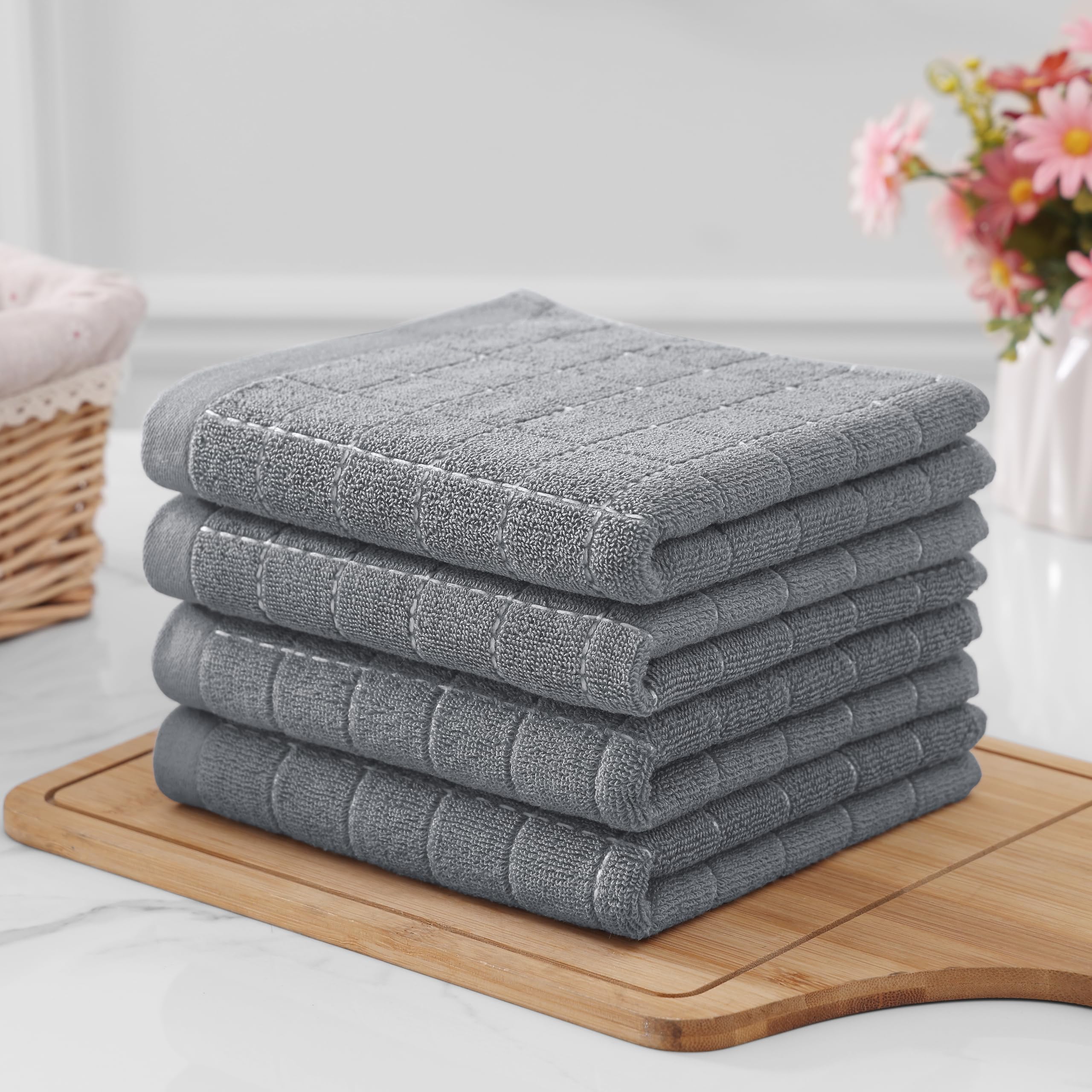 Homaxy Lot de 6 torchons de cuisine 100 % coton éponge doux et super absorbants, motif à carreaux, gris moyen, 33 x 71 cm
