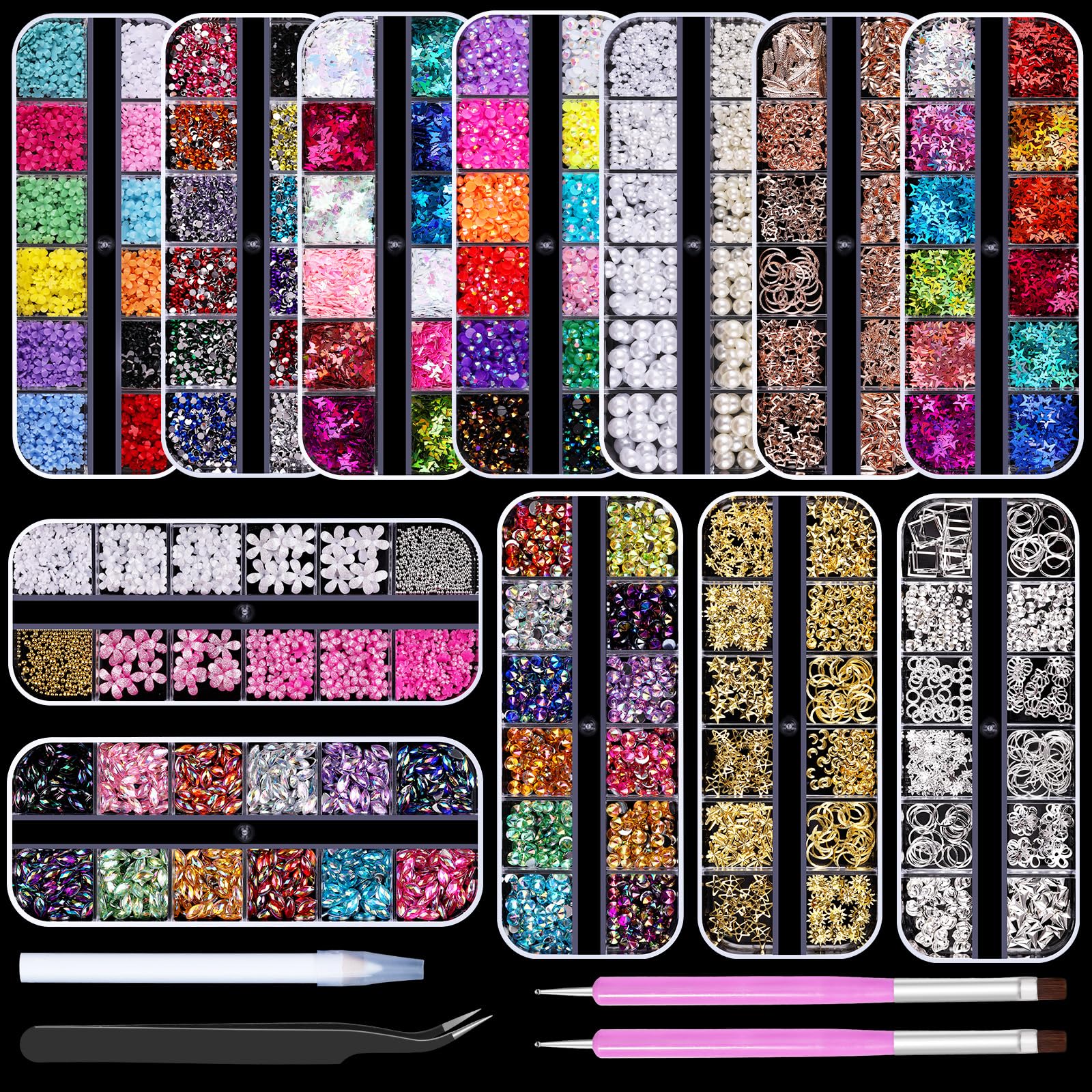 12 Boxes Nail Art Kit, Colorful Crystal Rhinestones Nail Jewels Flatback Pearls Acrylic Flower Nail Charms Caviar Beads 3D Metal Gold Studs Rivet