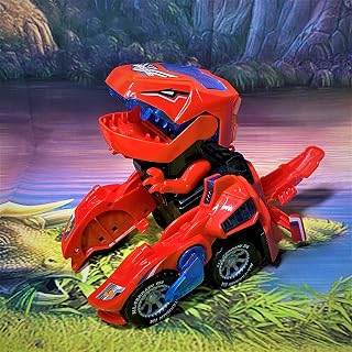 LED Dinosaur Transformation Car Toy, Transforming Dinosaur Car Toys, 2 in 1 Transformer Dinosaur Toy, Automatic Transform Dino Car with Music and Light, Birthday for Kids (Red)