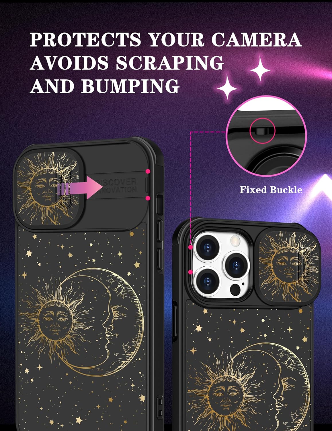 (2in1 for iPhone 14 Pro Max Case Sun and Moon Stars for Women Cute Space Phone Cover with Slide Camera Cover Protective Fashion Golden Print Design Black Cases for 14 ProMax 6.7''