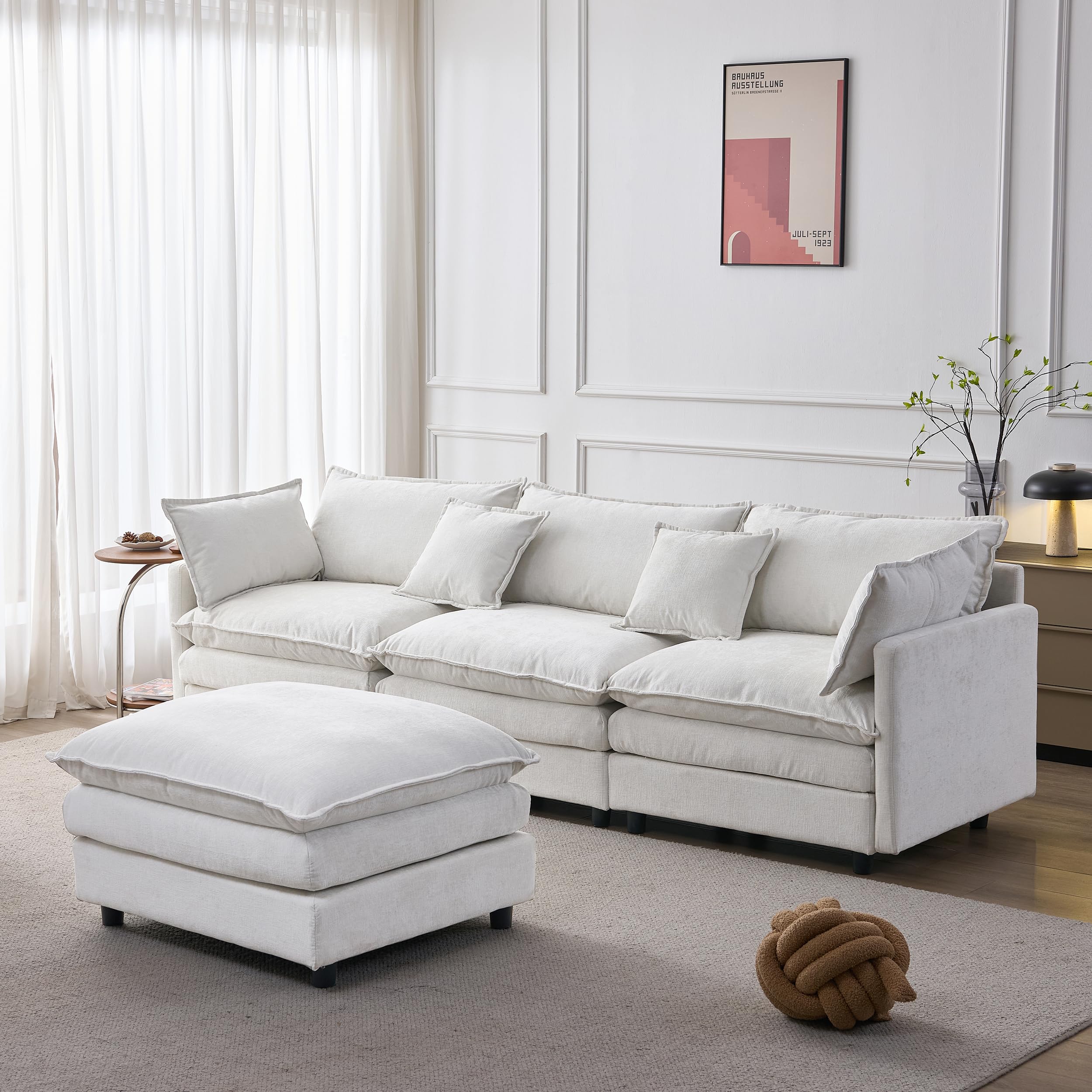 Muskel Sofá esquinero modular de chenilla premium, sofá de 3 plazas en forma de L con chaise longue y taburete, para apartamentos pequeños, sala de estar y salón, cómodo sofá de salón
