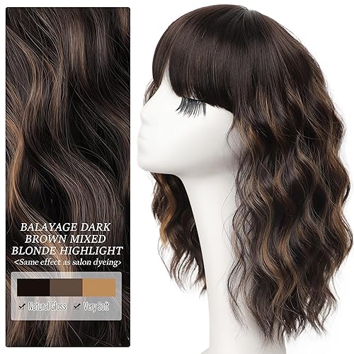Miniatura 3 de Nnzes Peluca con flequillo para mujer, longitud al hombro, estilo Bob ondulado, encantadora, sintética, marrón oscuro, mezcla con rubio, con cabello