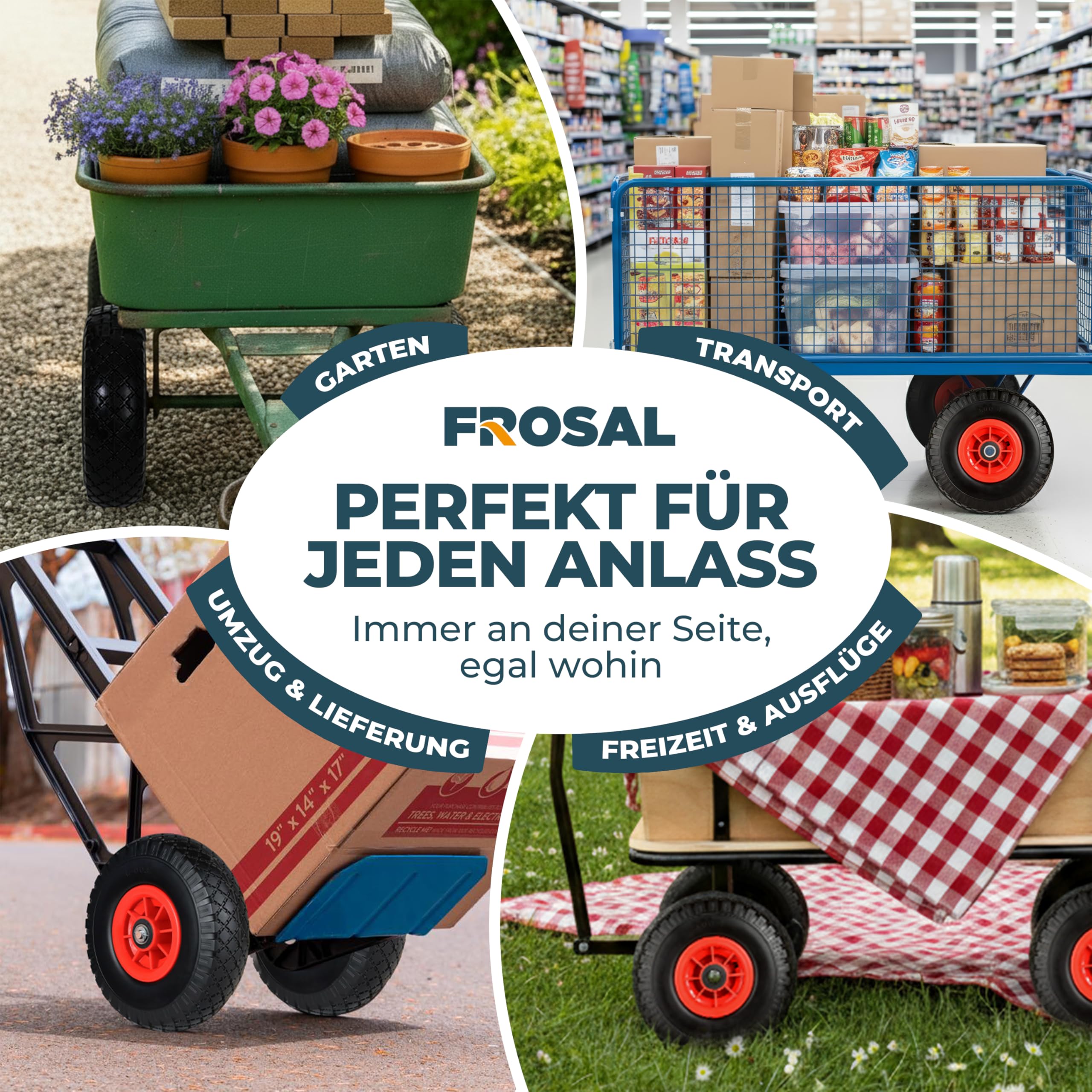 2X FROSAL Sackkarrenrad PU Rad 260 mm 3.00-4 – Vollgummireifen pannensicher für Sackkarre und Bollerwagen – Reifen ca. 75 mm – Nabe Ø20×75 mm – Kunststofffelge rot – Rollenlager – 2er Set