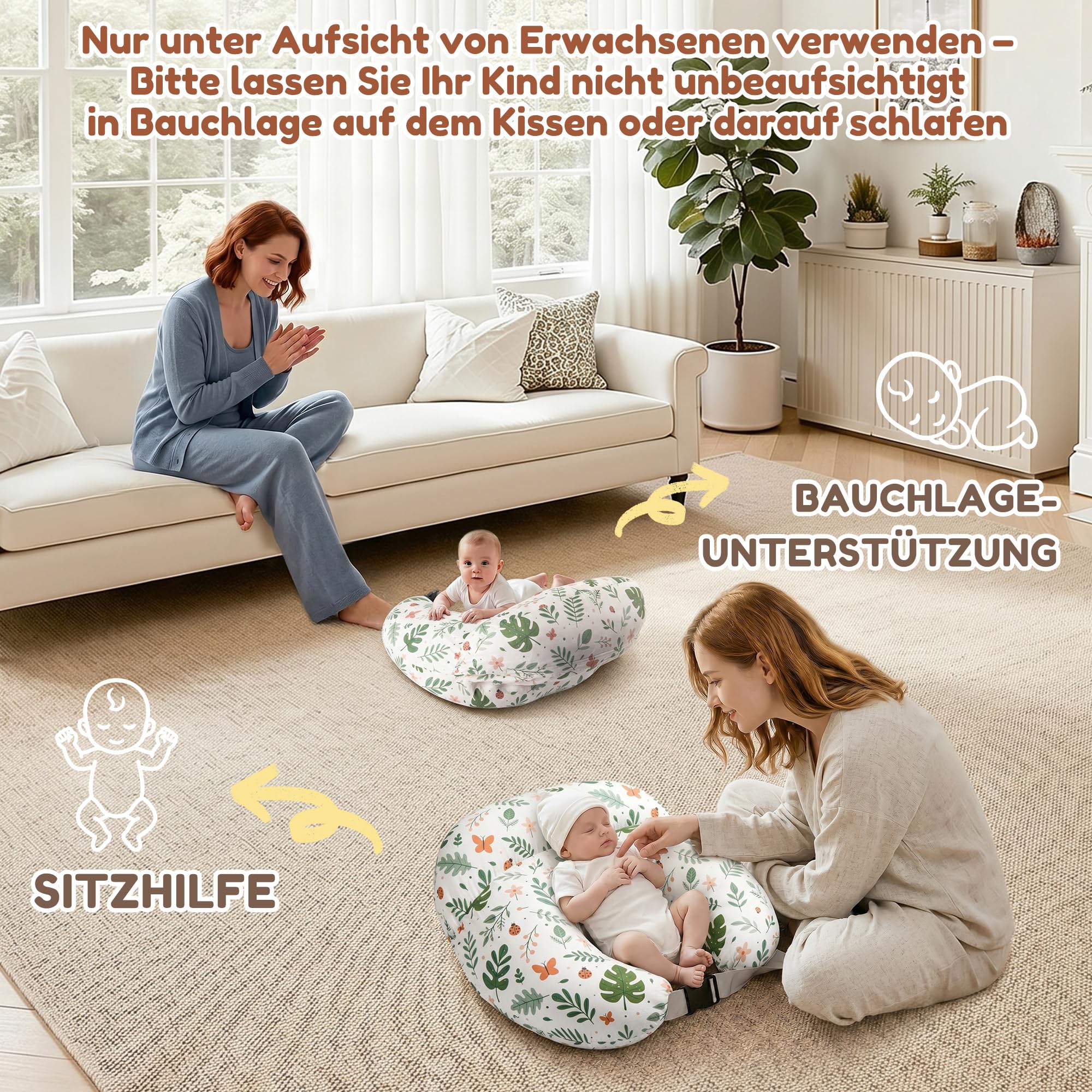 Ergonomisches Stillkissen mit erhöhtem Schutzrand, Stillkissen mit abnehmbarem und waschbarem Bezug, Verstellbarer Hüftgurt, Für Verschiedene Körpergrößen und -Formen, Dunkelgrün