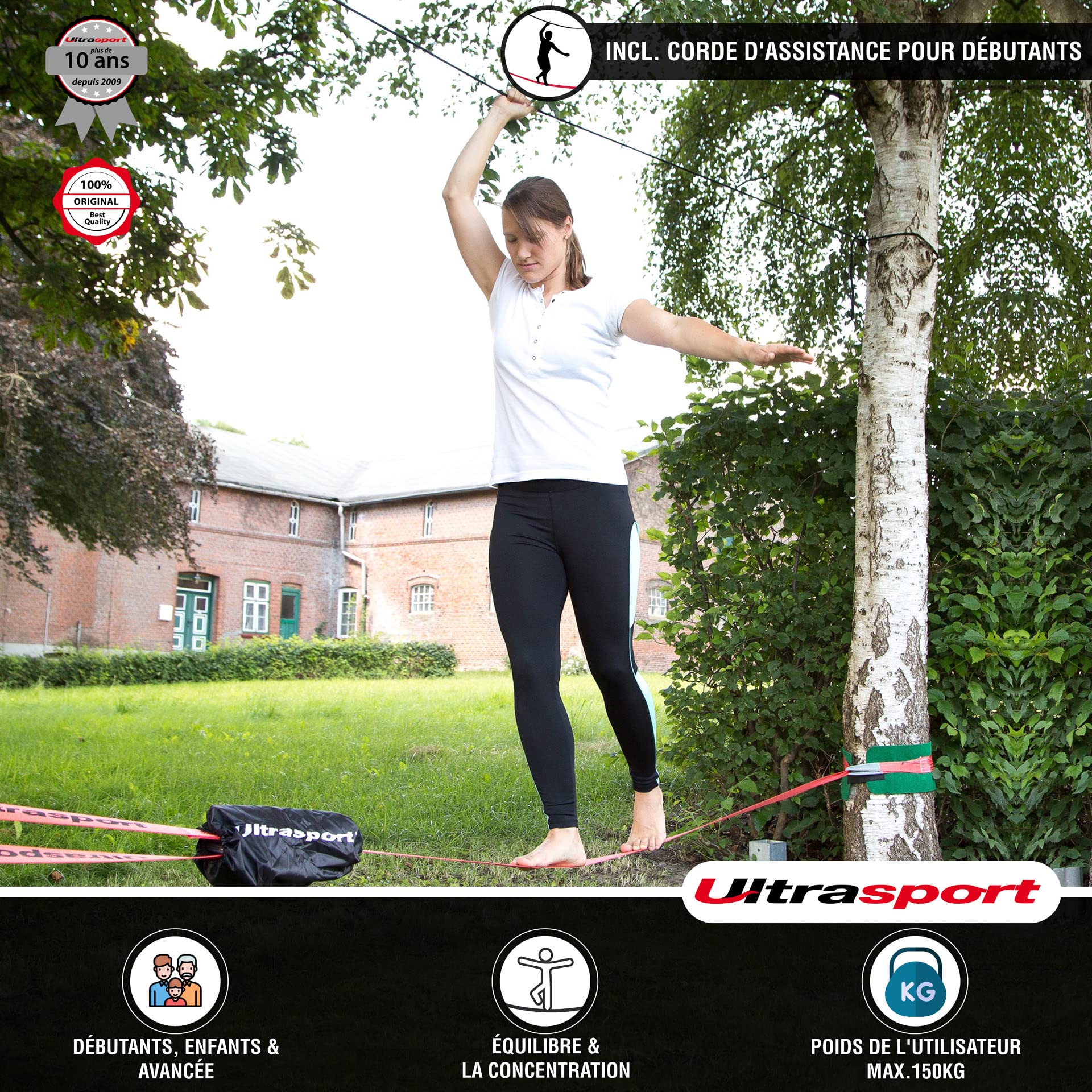 Ultrasport Slackline 15m-25m, avec cliquet et Sac Transport, Jeu Complet Slackline, Disponible avec et sans Protection d'arbre, Jeu Slackline, Slackline Fitness, certifié TÜV GS, Enfants et Adultes