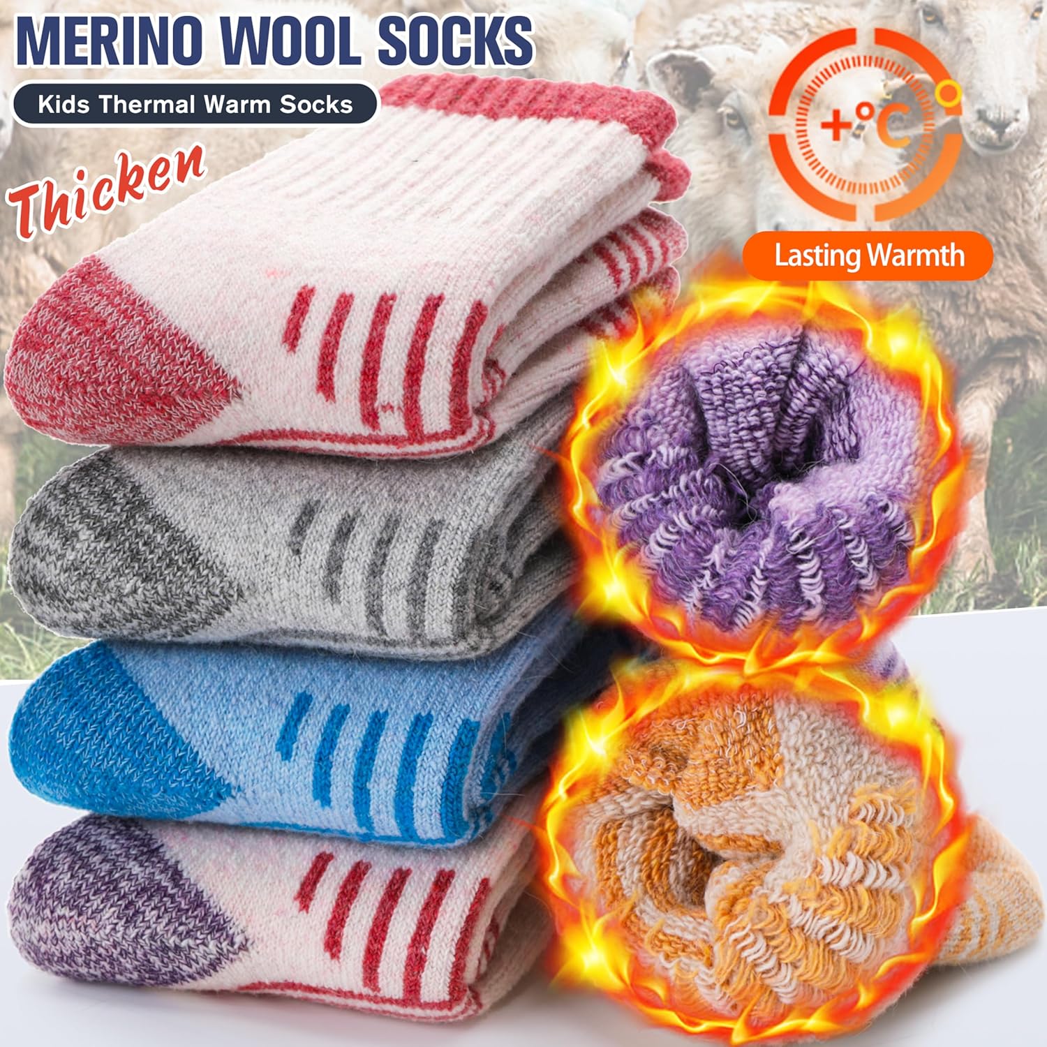 EBMORE Kids Merino Wool Hiking Socks Thermal Winter Warm Thick Boys Toddlers Girls Cushion Crew Socks 6 Pairs