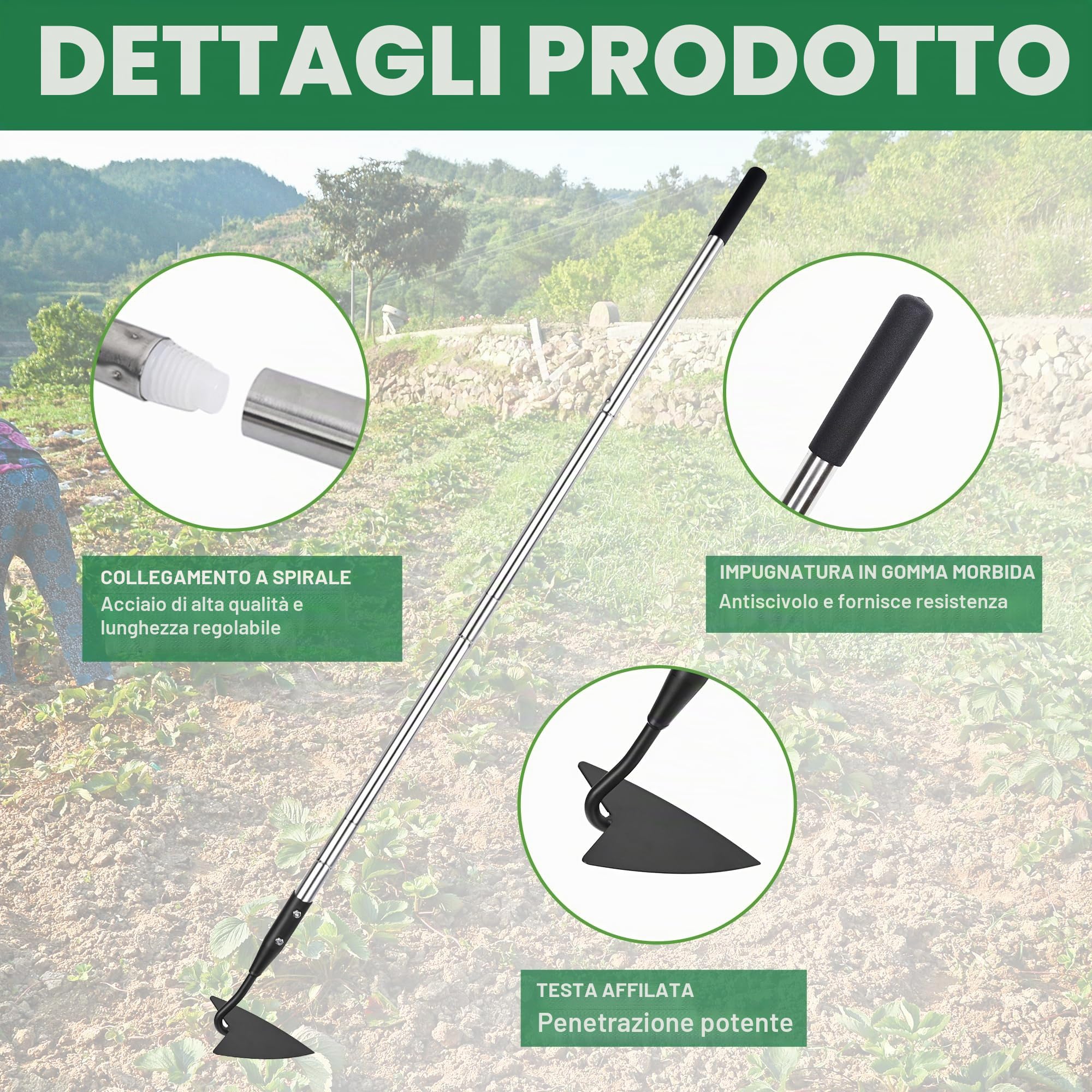 YEELOR Warren Zappa, Zappa da Giardino in Acciaio al Carbonio con Manico Lungo Regolabile in Acciaio Inox da 144,78 cm, Zappa da Giardino Robusta per Rifilatura, Diserbo, Scavatura, Allentamento e