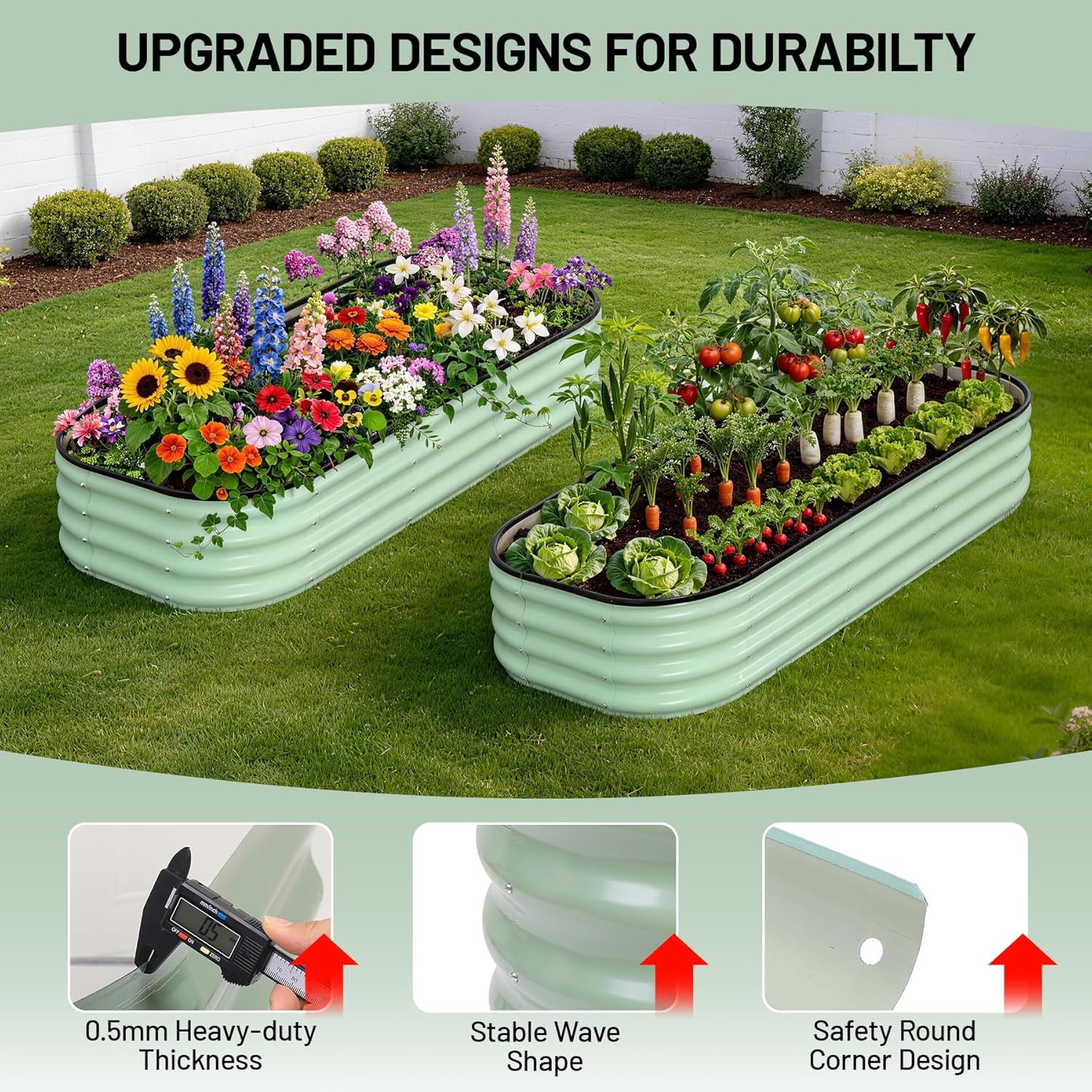 GarveeLife 2 Pcs Galvanized Raised Garden Bed, Raised Garden Beds Outdoor, Rectangle Planter Raised Beds with Gloves and Rubber Edge Trim for Vegetables, Flowers and Herbs, 4x2x1 FT, Green