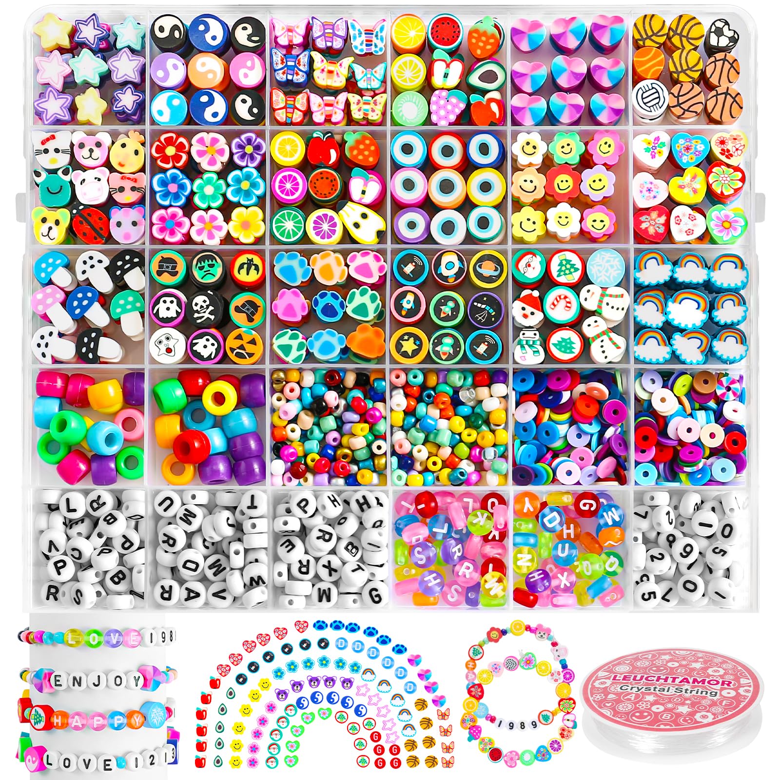 Clay Bead Charms 1180Pcs Polymer Clay Beads 24 Style Cute Fun Beads Number Letter Bead Fruit Flower Rainbow Animal Charms for Bracelets Making DIY Accessories