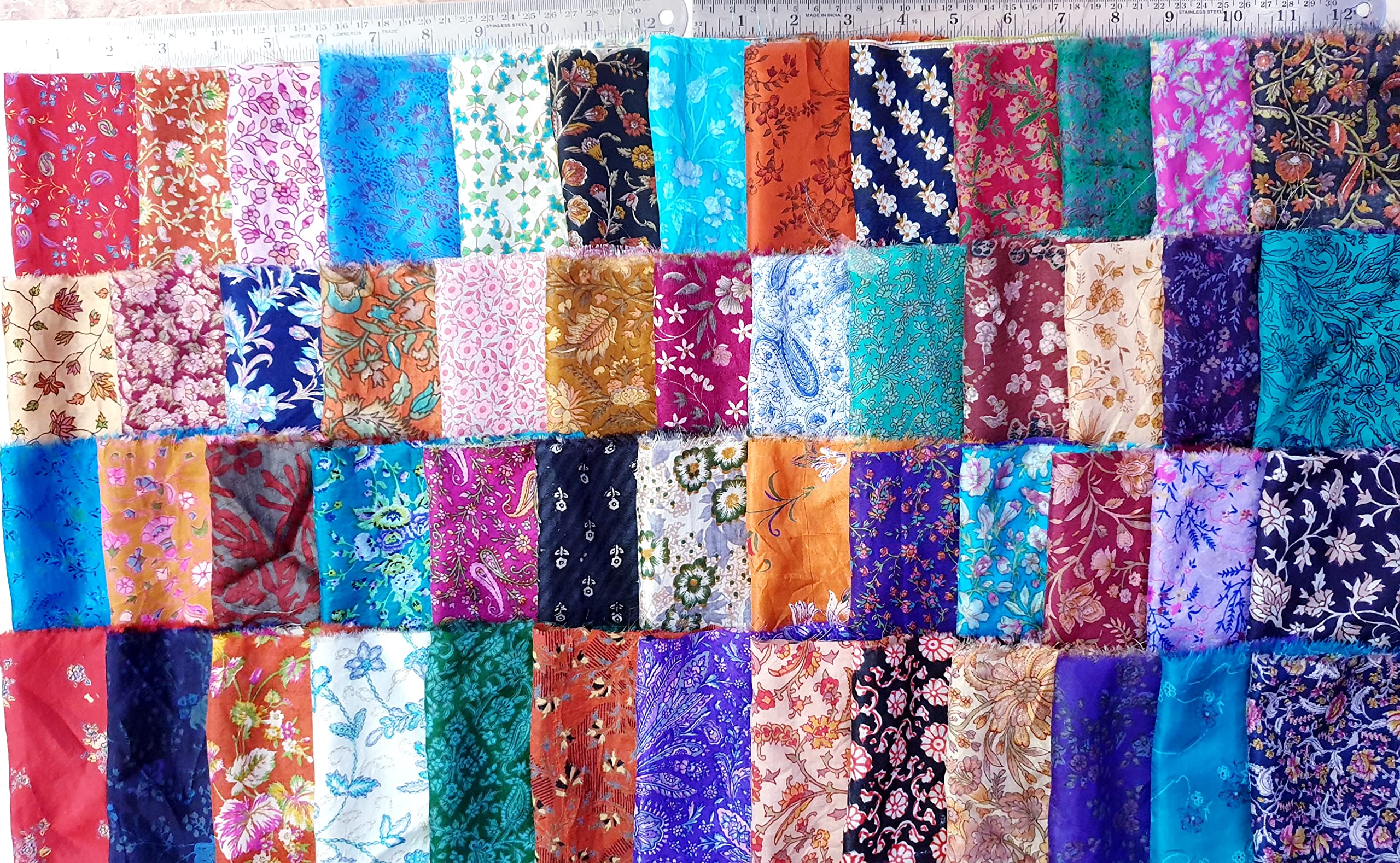 Vintage Fabrics Crafts Sari Silk Fabric Lot Vintage Sari Fabric Material Remnant 50 Pieces 8 * 8 Small Flower Floral Craft Scrapbook Art Doll Junk Journal DS78, Mixed