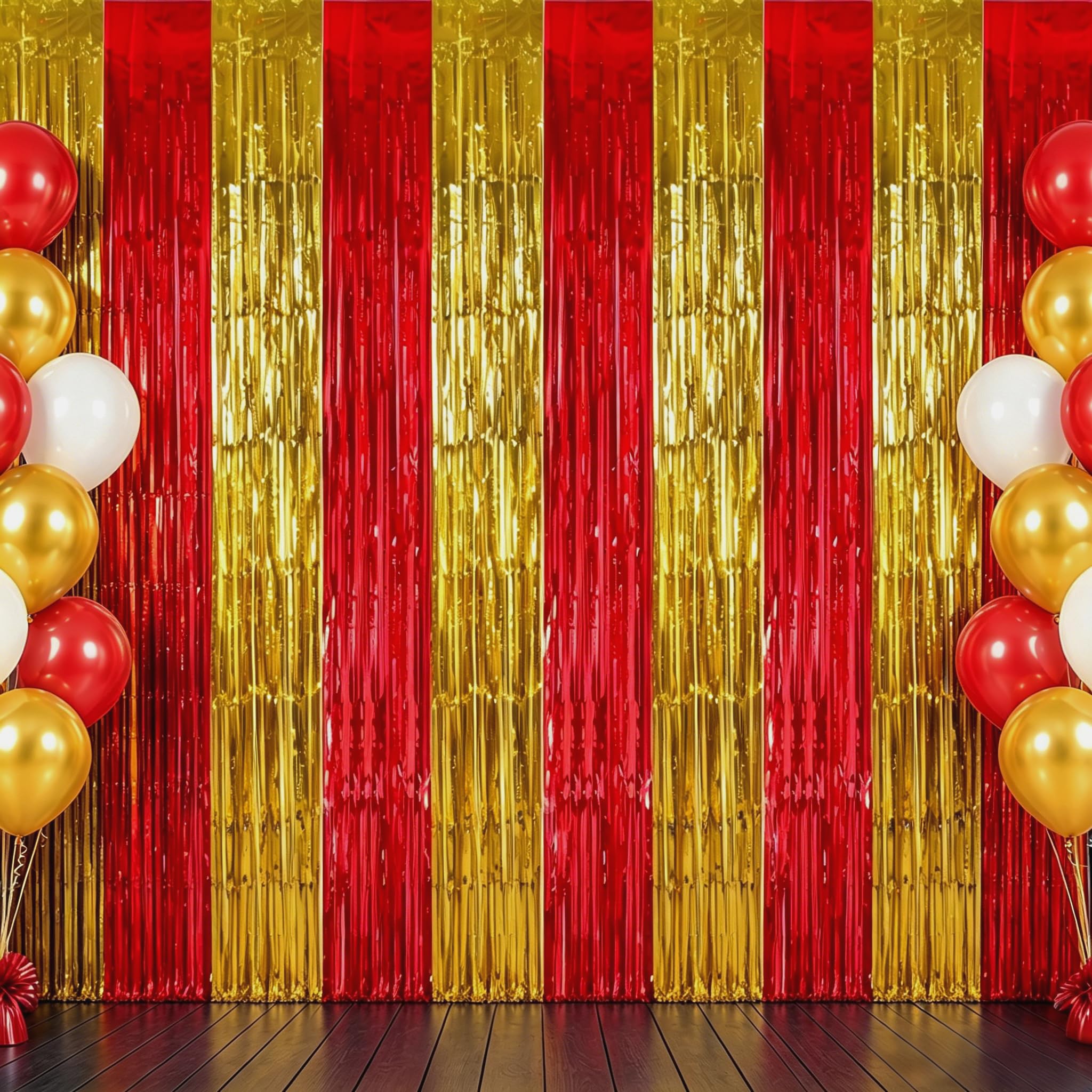 TONIFUL 2Pcs Red and Gold Metallic Tinsel Foil Fringe Curtain Streamers