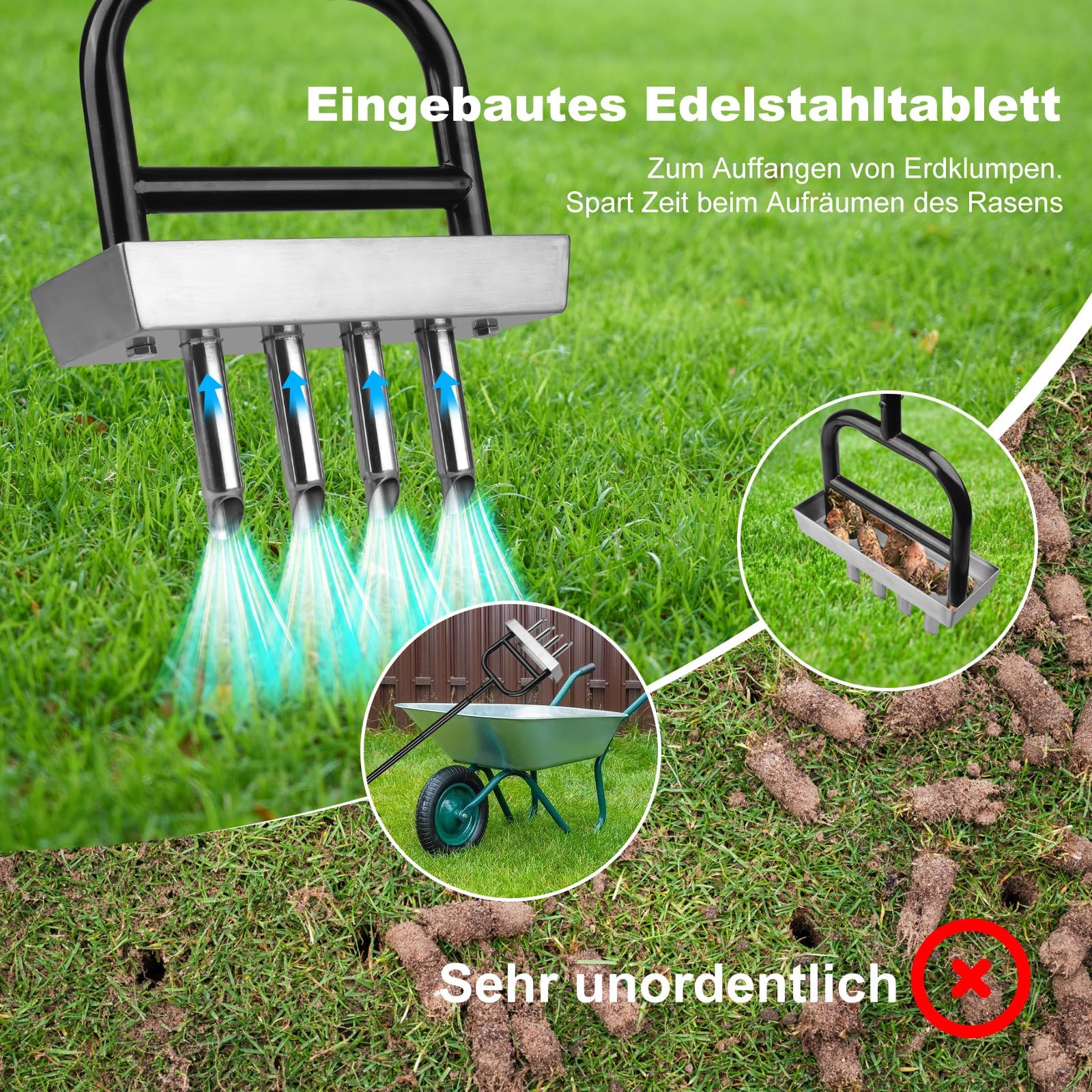 Handbetriebener Rasenlüfter mit 4 Dornen & Auffangschale – Hebel-System für müheloses Lüften, T-Griff & rostfreie Stahldorne für Rasen & Garten
