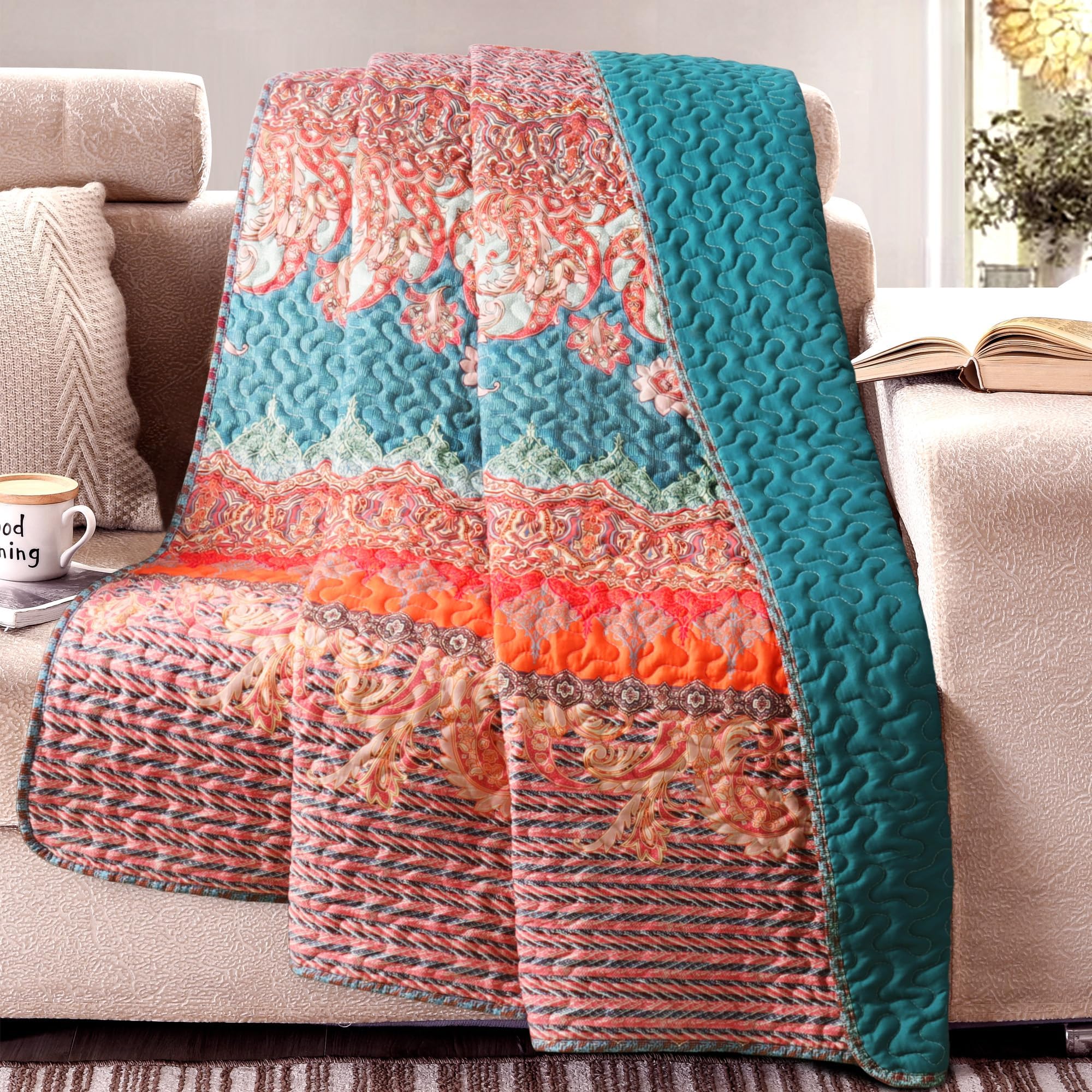 Exclusivo Mezcla 50"x 60" Quilted Throw Blanket- Microfiber Quilt Throw with Boho Striped Pattern, Reversible Teal and Orange Versatile Lap Quilt for All Seasons, Lightweight Throws for Bed/Couch/Sofa