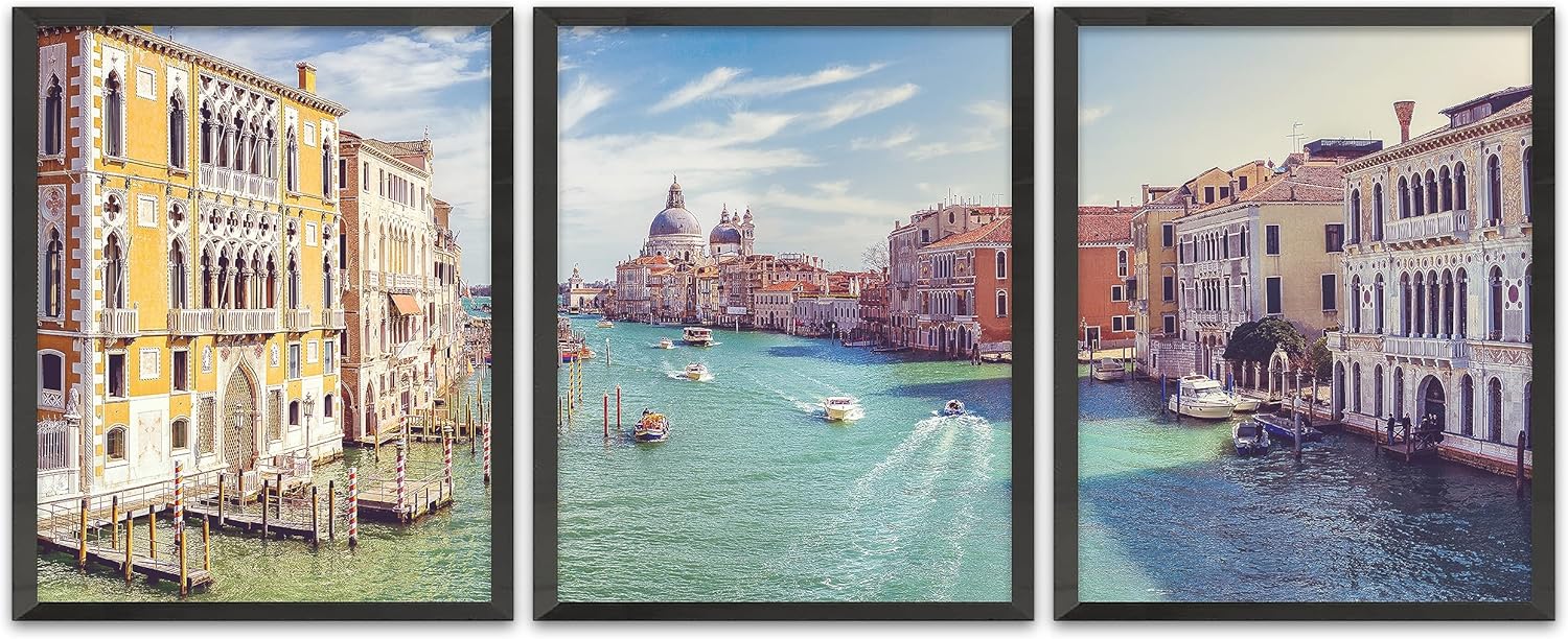 Venice Panoramic Photography Prints, Unframed, Set of 3, Boats, Canal, Coastal Home and Wall Decor, 8x10 Inches